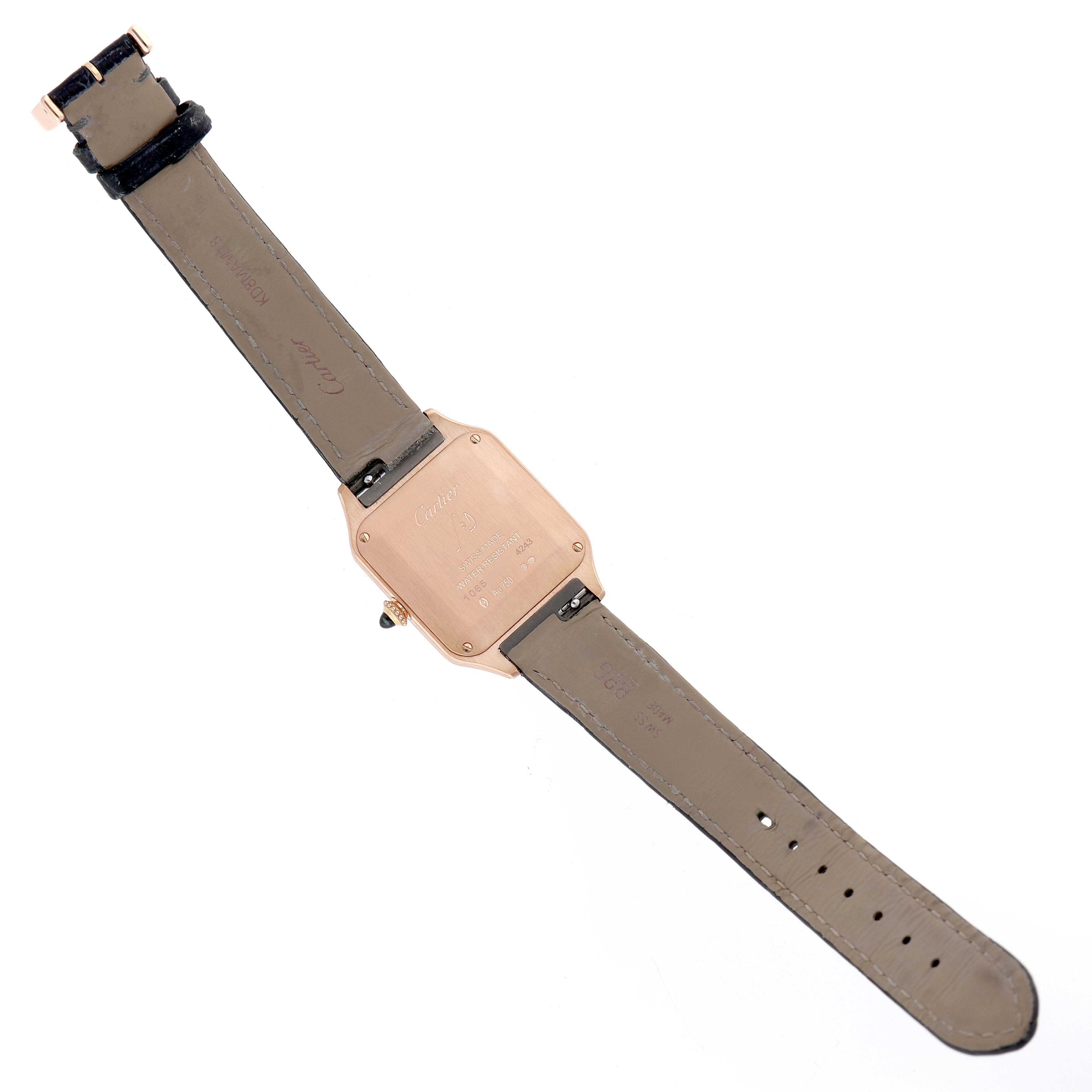 The Cartier Santos Dumont WGSA0022 Men's Rose Gold Silver Dial watch is shown from the back, displaying the case back and full leather strap.