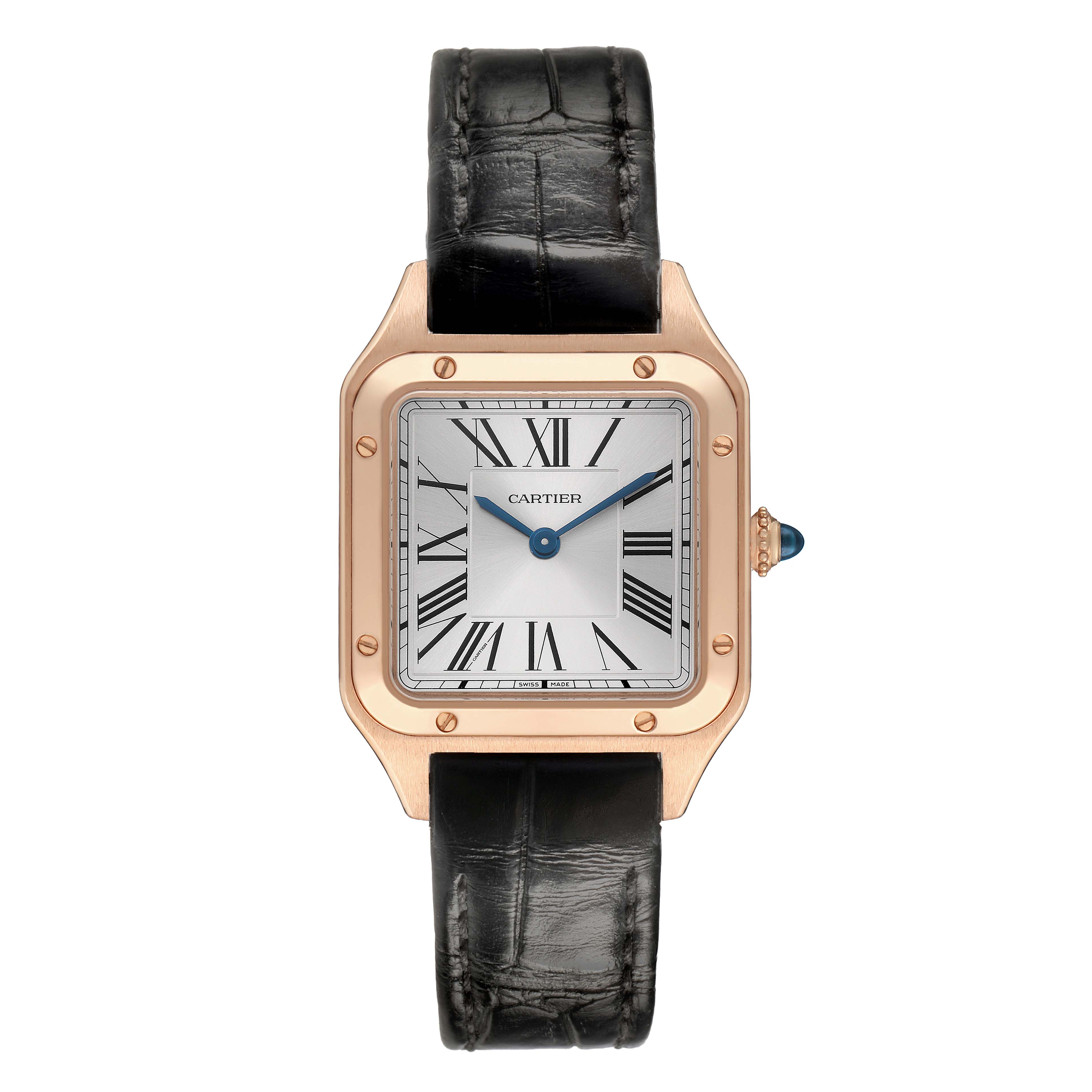 The image shows a front view of the Santos Dumont by Cartier, highlighting the dial, case, and strap.