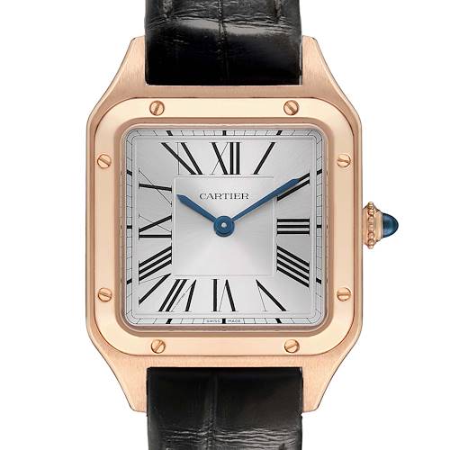 The Cartier Santos WGSA0022 Women's Rose Gold Silver Dial watch is shown from the front, displaying its square face, Roman numerals, gold case, and leather strap.