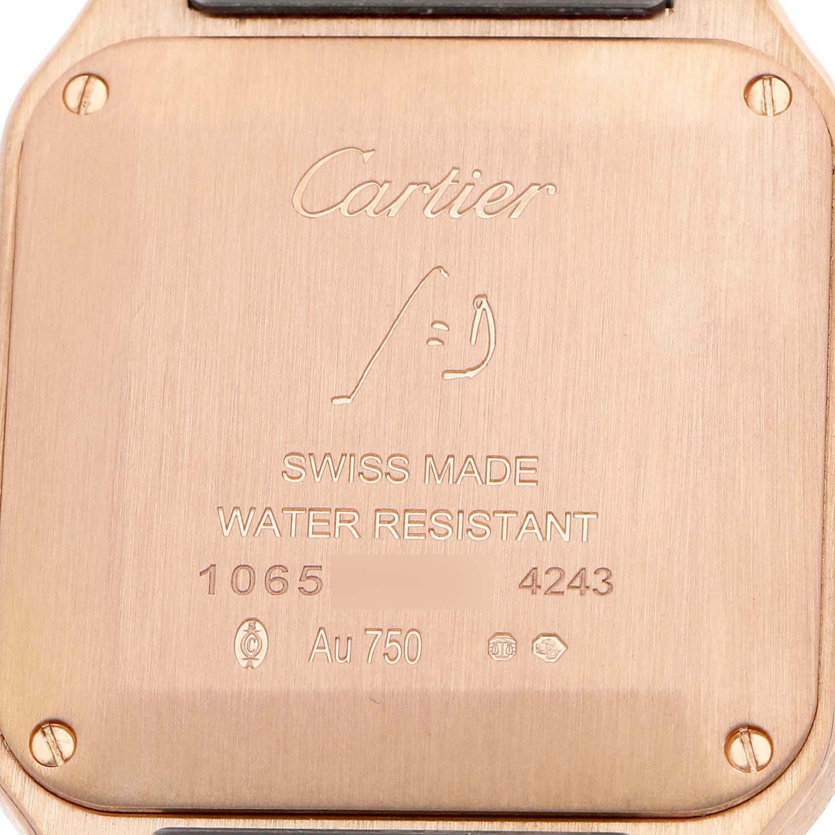 The image shows the back of the Cartier Santos Dumont WGSA0022 Men's Rose Gold Silver Dial watch, displaying engravings and screws.