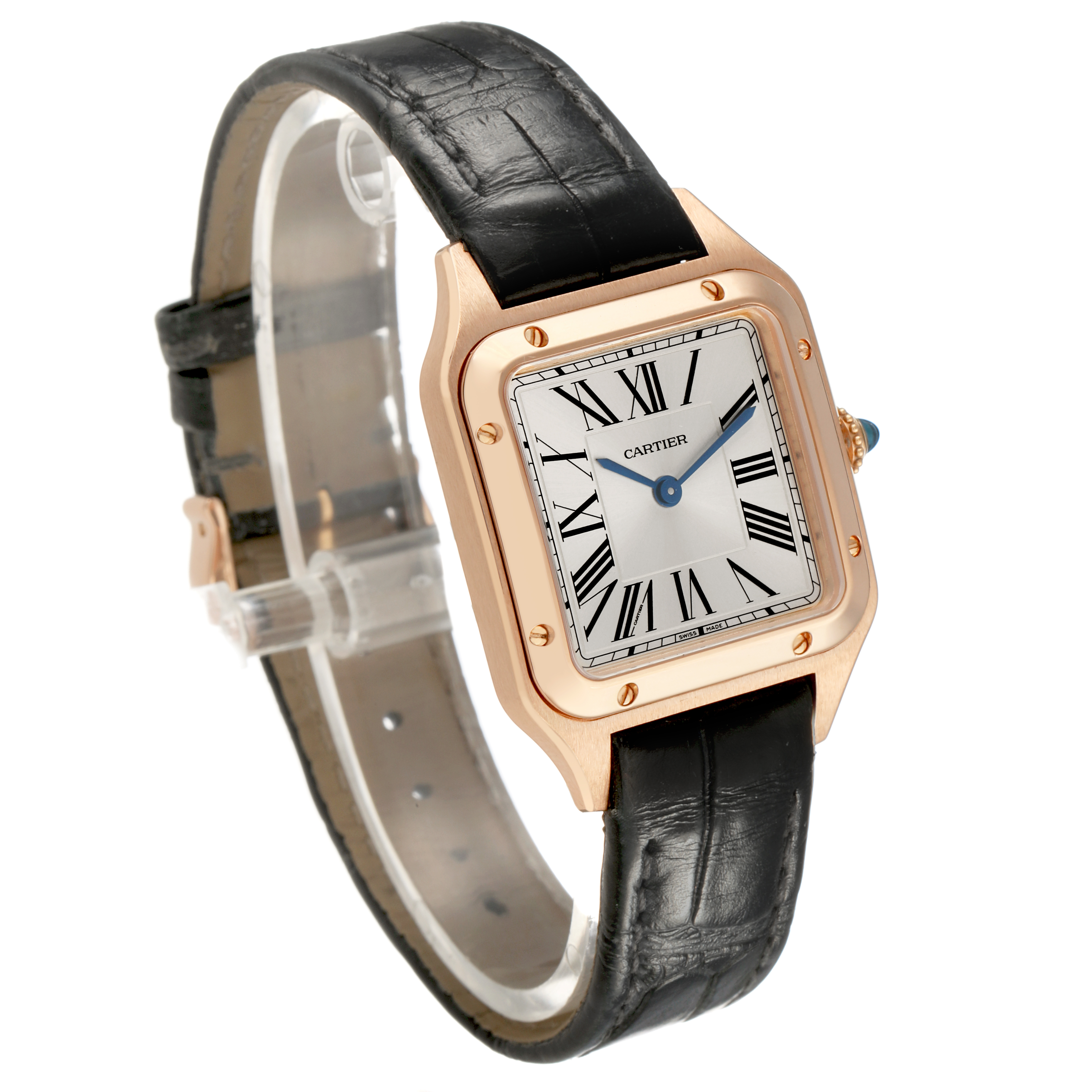The Cartier Santos Dumont WGSA0022 Men's Rose Gold Silver Dial watch is shown at a three-quarter angle, displaying the face, bezel, and part of the leather strap.