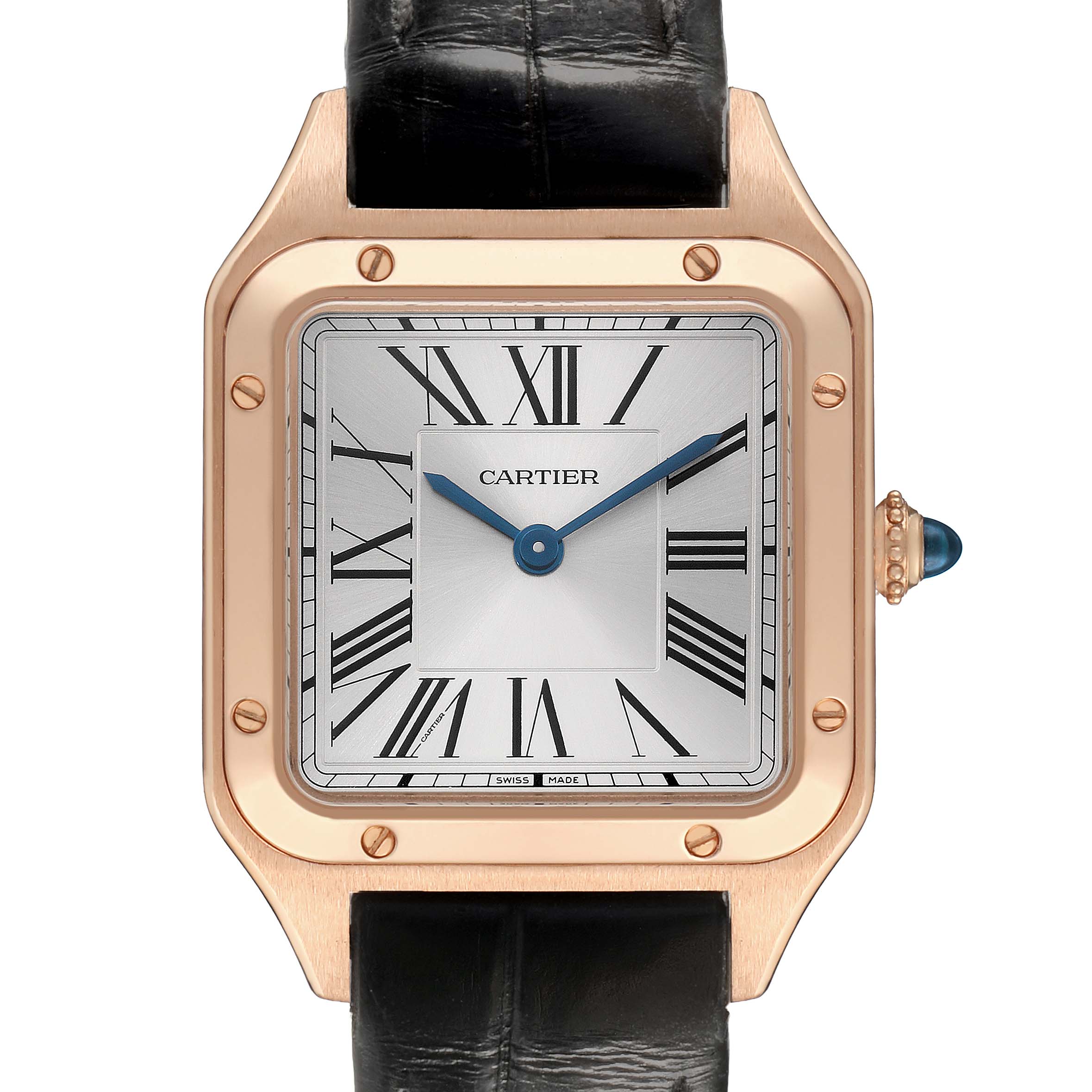 The Cartier Santos Dumont WGSA0022 Men's Rose Gold Silver Dial watch is shown from the front, highlighting its square face, Roman numerals, blue hands, and crown.