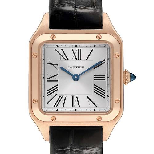 The Cartier Santos Dumont WGSA0022 Men's Rose Gold Silver Dial watch is shown from a front angle, highlighting its square face, Roman numerals, and leather strap.