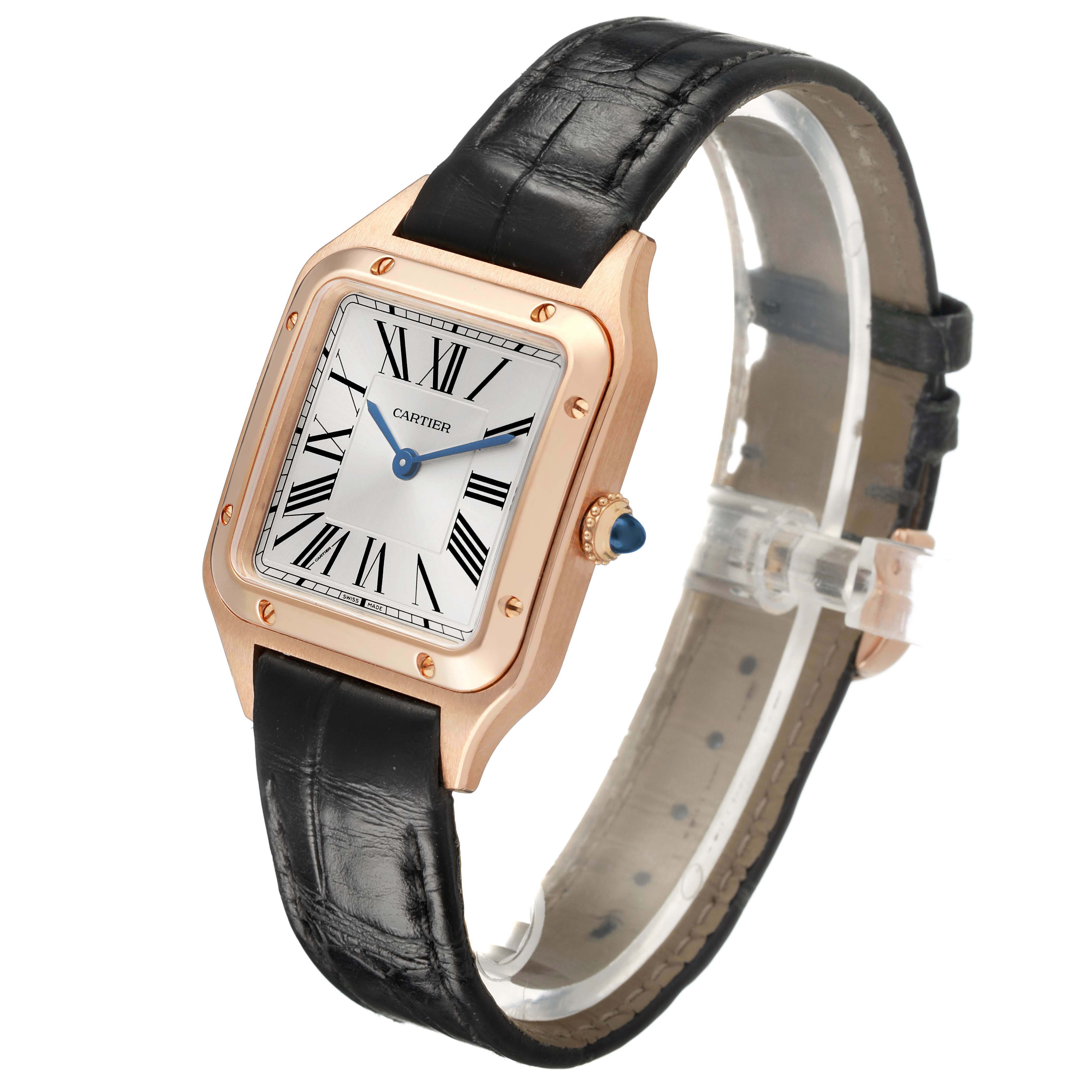 The Cartier Santos Dumont WGSA0022 Men's Rose Gold Silver Dial watch is shown at an angled front view, highlighting the dial, case, and black leather strap.