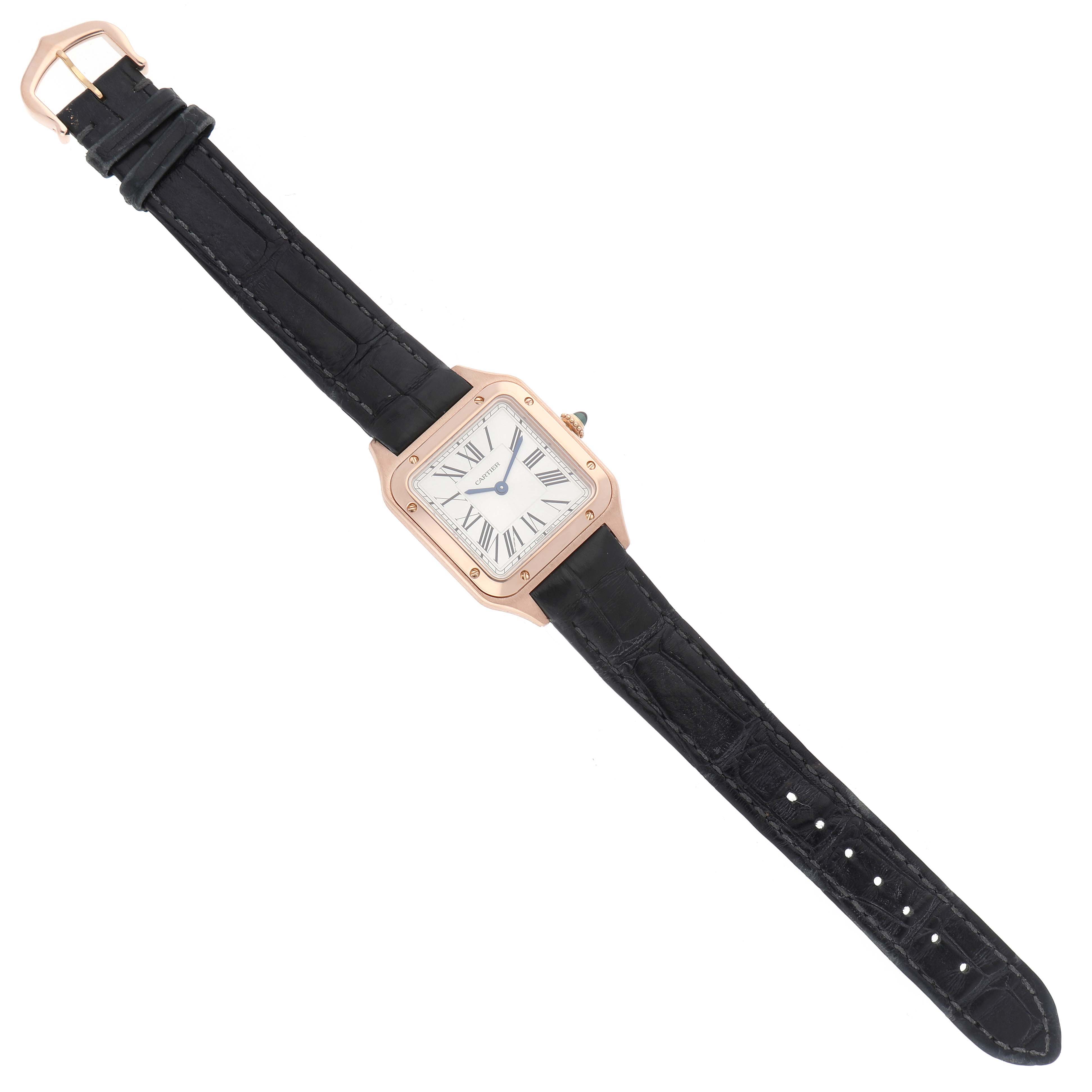 The Cartier Santos Dumont WGSA0022 Men's Rose Gold Silver Dial watch is shown from a top-down angle, displaying the face, case, and full strap.