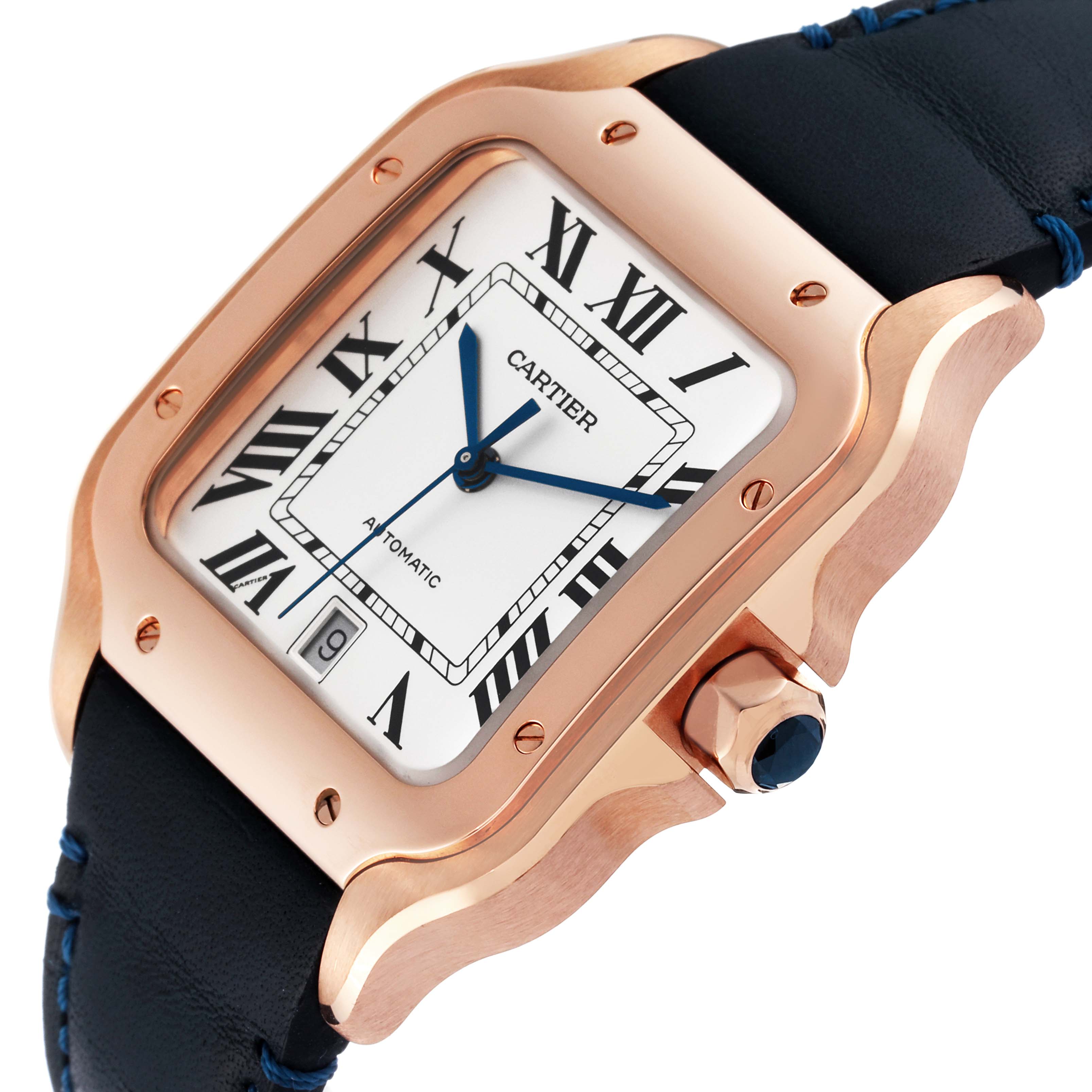 The Cartier Santos WGSA0019 Men's Rose Gold Silver Dial WGSA0019 Men's Rose Gold Silver Dial watch is shown at an angle highlighting its rose gold case, white dial with Roman numerals, and blue leather strap.