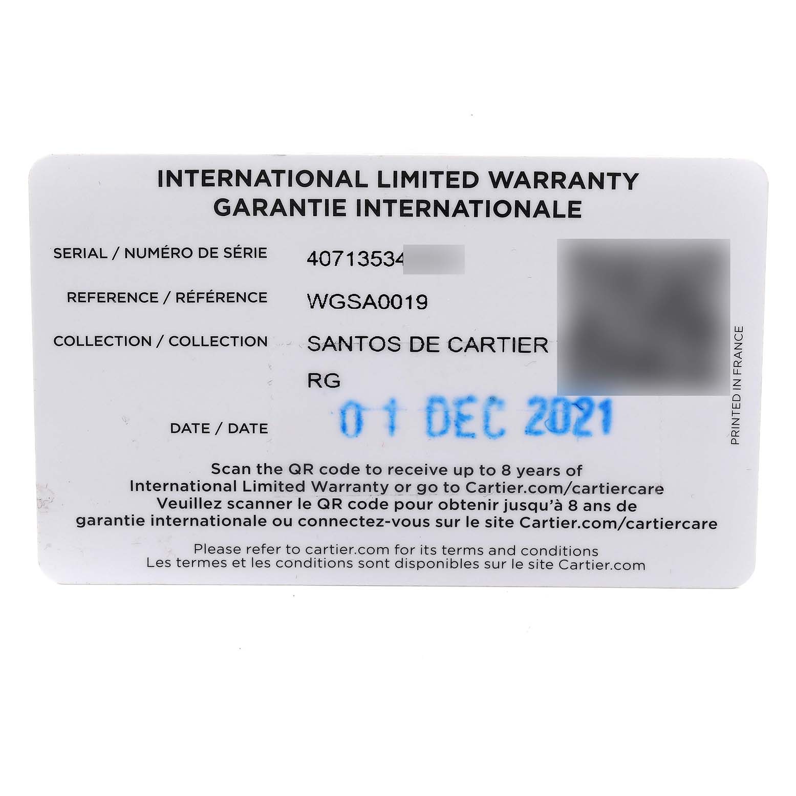 The image shows an International Limited Warranty card for a Santos de Cartier watch, including serial and reference numbers, and the date of purchase.