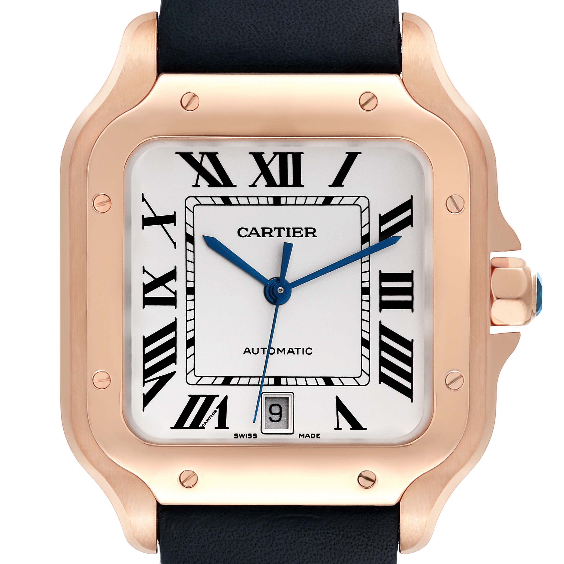 This Cartier Santos WGSA0019 Men's Rose Gold Silver Dial WGSA0019 Men's Rose Gold Silver Dial model watch is shown from the front, displaying the dial, hands, date window, and part of the black strap.
