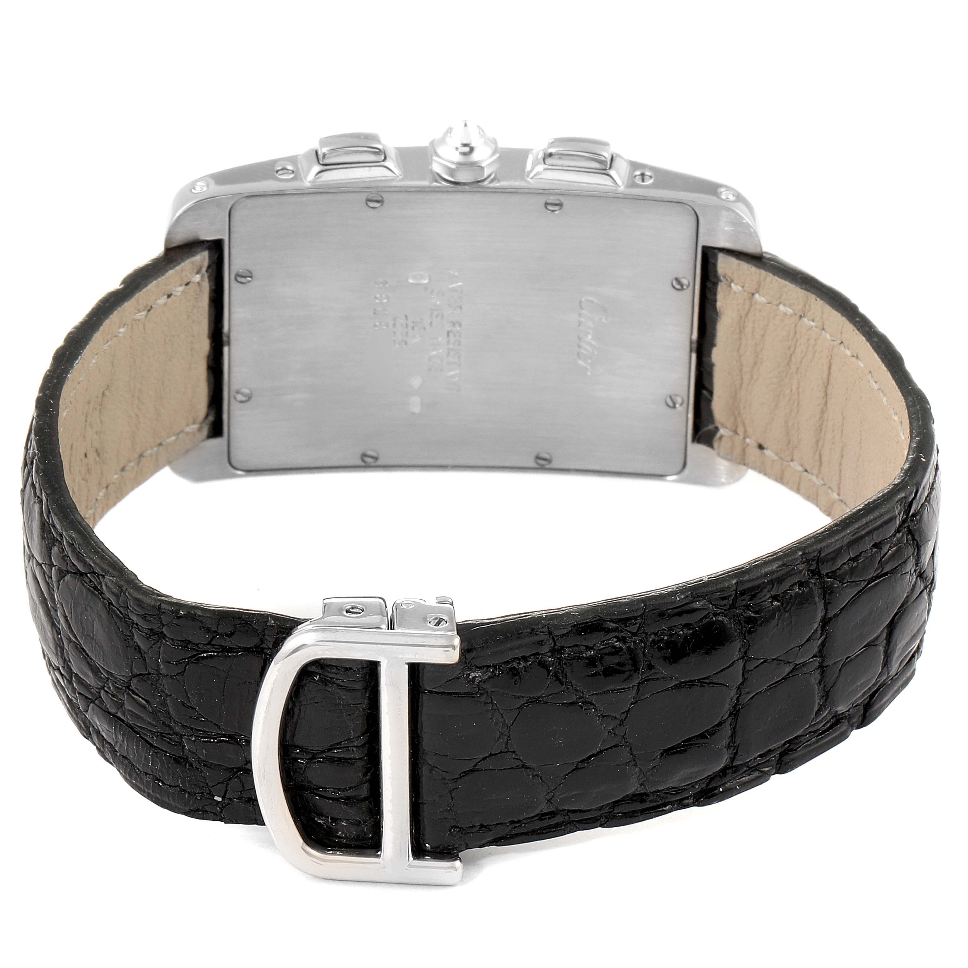 The image shows the back view of the Cartier Tank Americaine 2339 Men's White Gold Silver Dial 2339 Men's White Gold Silver Dial watch, including the case back, lugs, and the leather strap with buckle.