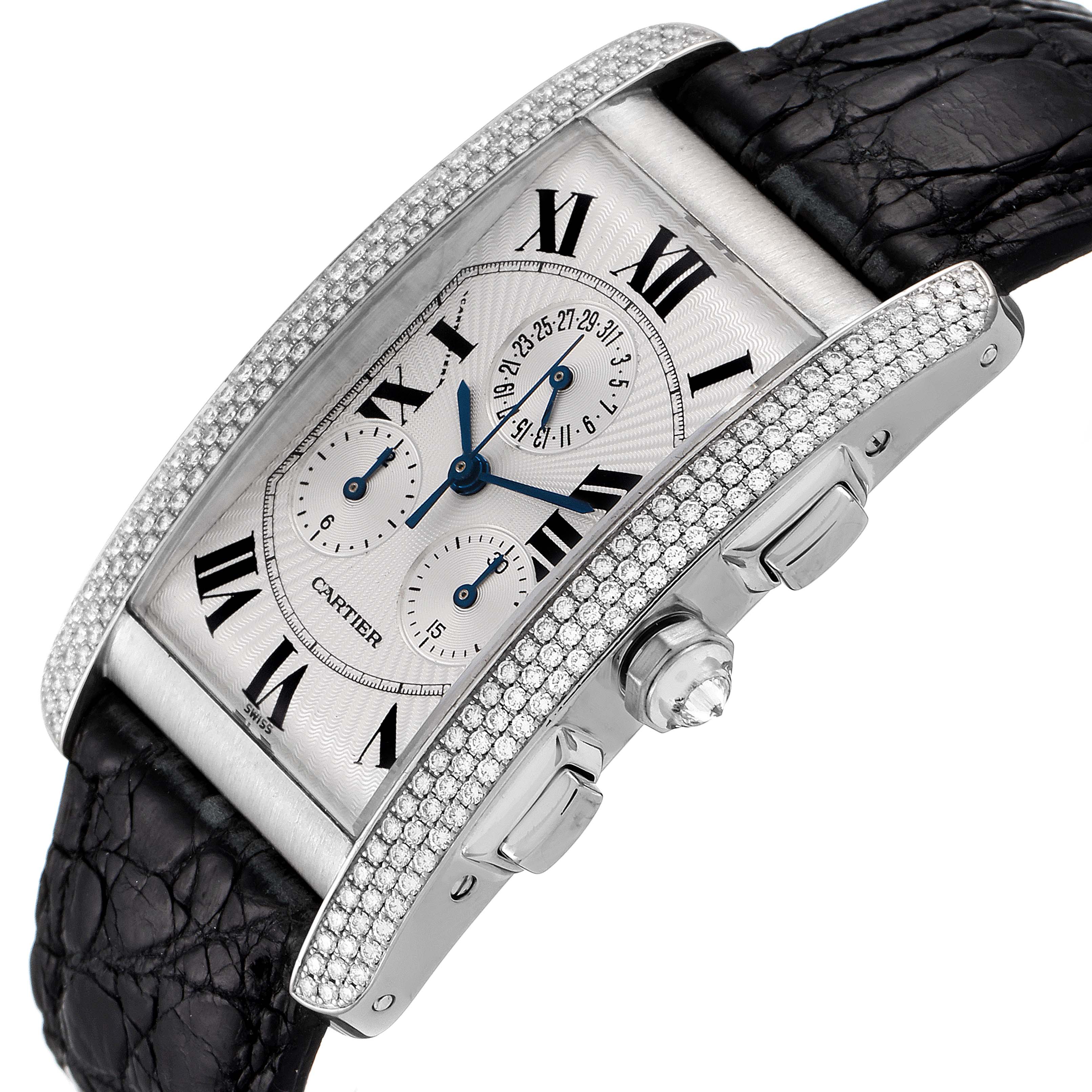 The image shows a Cartier Tank Americaine 2339 Men's White Gold Silver Dial 2339 Men's White Gold Silver Dial watch viewed from an angled side perspective, highlighting the dial, crown, and strap.