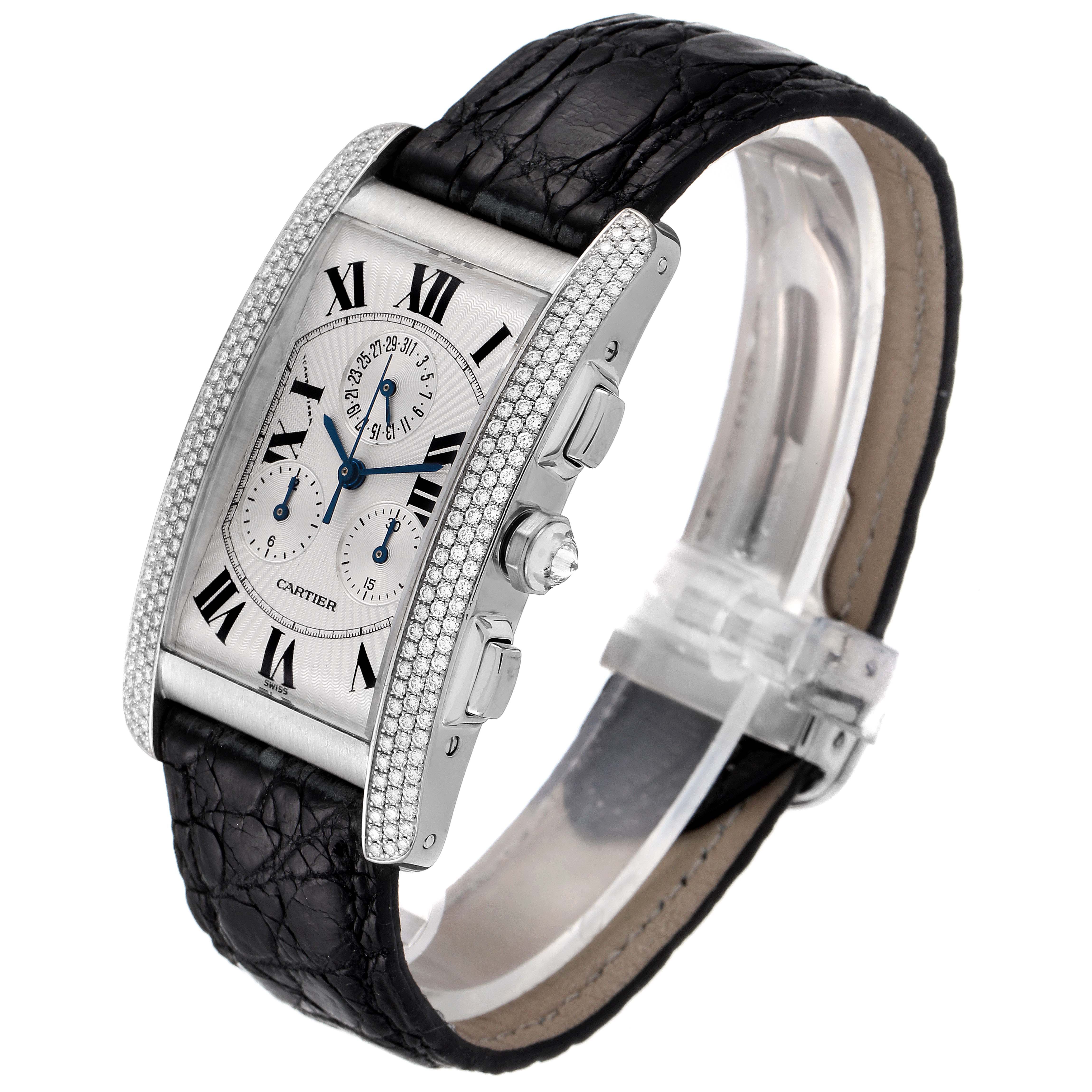This image shows a Cartier Tank Americaine 2339 Men's White Gold Silver Dial 2339 Men's White Gold Silver Dial watch from an oblique angle, displaying the face, side buttons, and leather strap.
