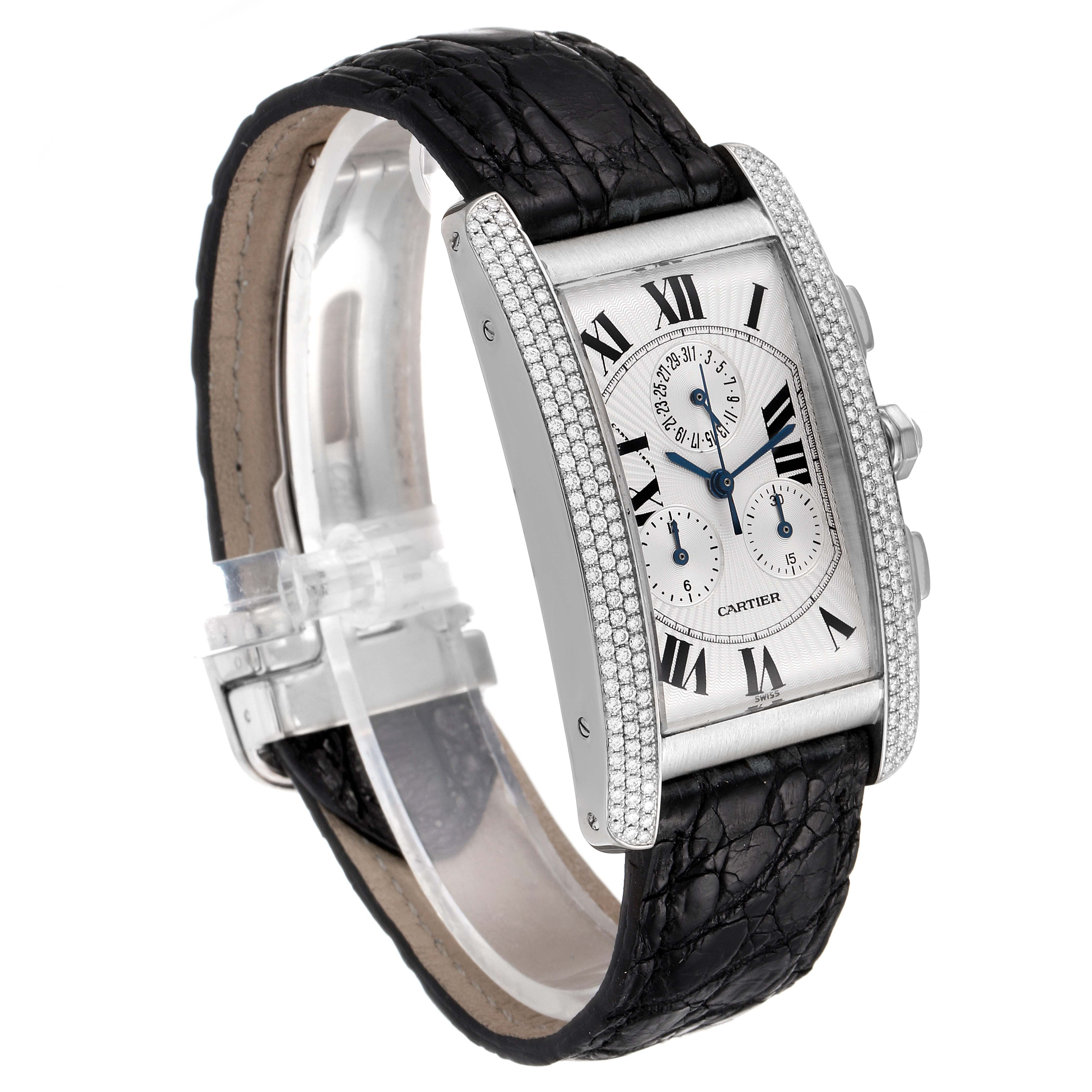 The image shows a Cartier Tank Americaine 2339 Men's White Gold Silver Dial 2339 Men's White Gold Silver Dial watch from a side angle, highlighting the face, strap, and side buttons.