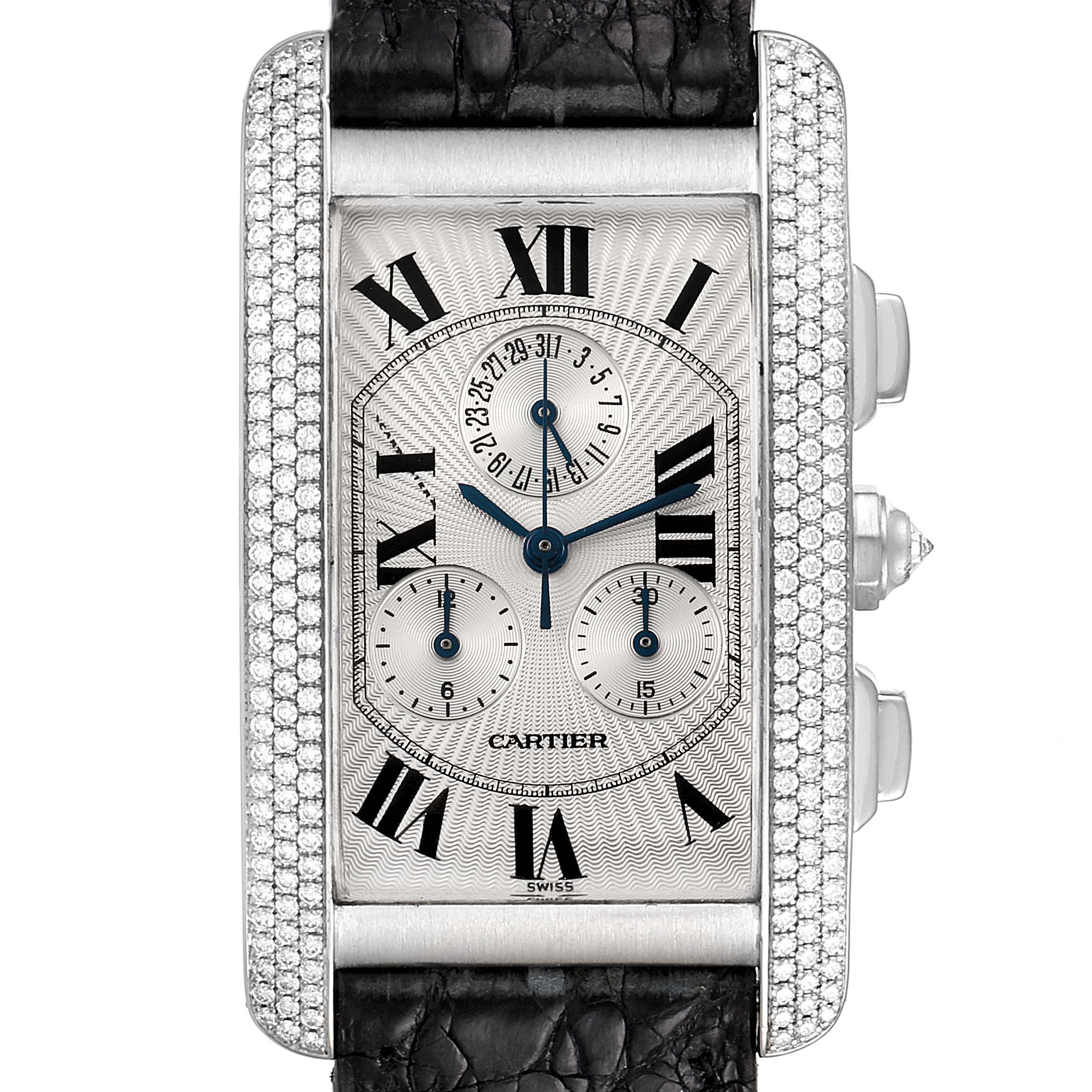 The Cartier Tank Americaine 2339 Men's White Gold Silver Dial 2339 Men's White Gold Silver Dial watch is shown from a front angle, displaying its rectangular face, Roman numerals, and side controls.
