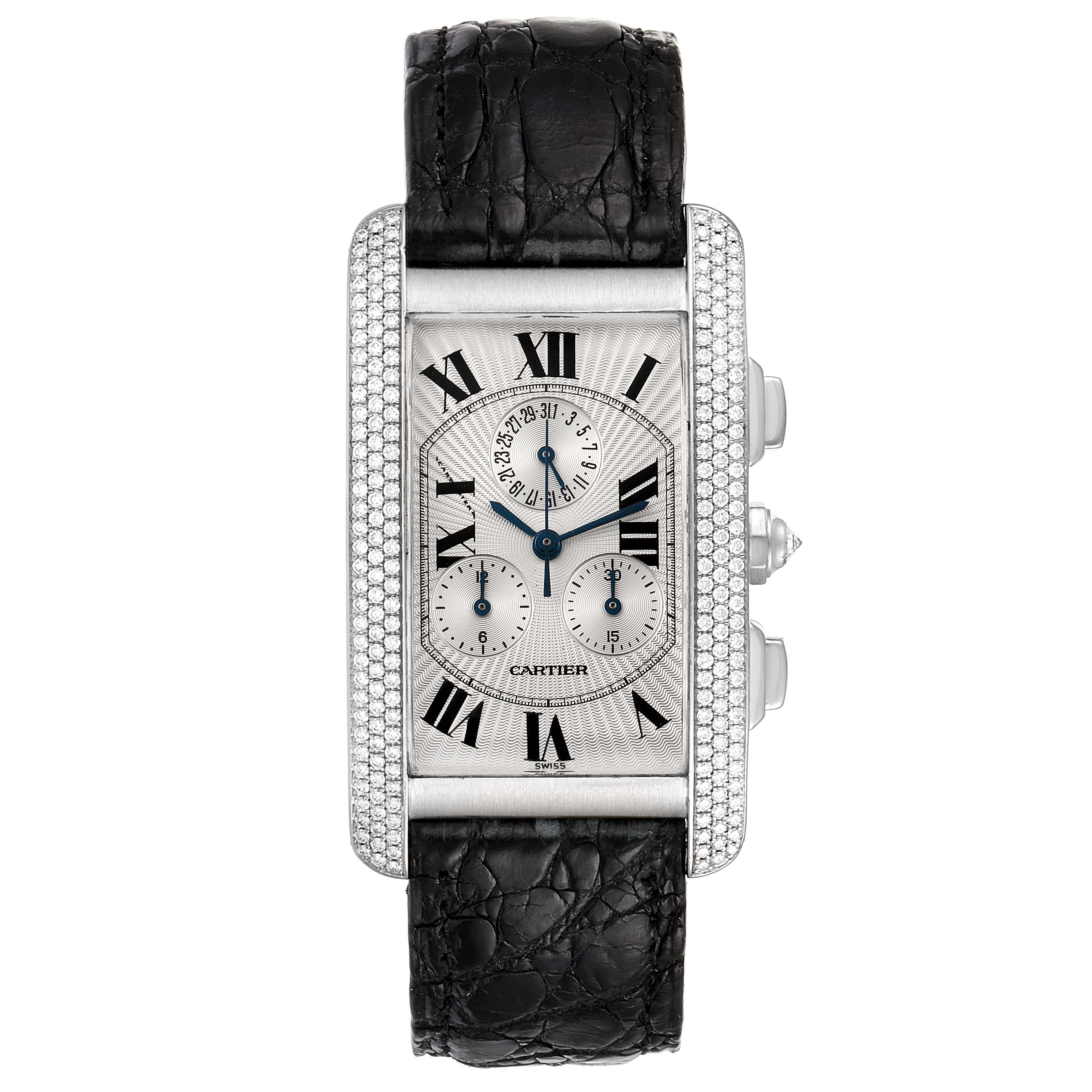 The image shows a front view of the Cartier Tank Americaine 2339 Men's White Gold Silver Dial 2339 Men's White Gold Silver Dial watch featuring a rectangular dial with Roman numeral markers and a black leather strap.