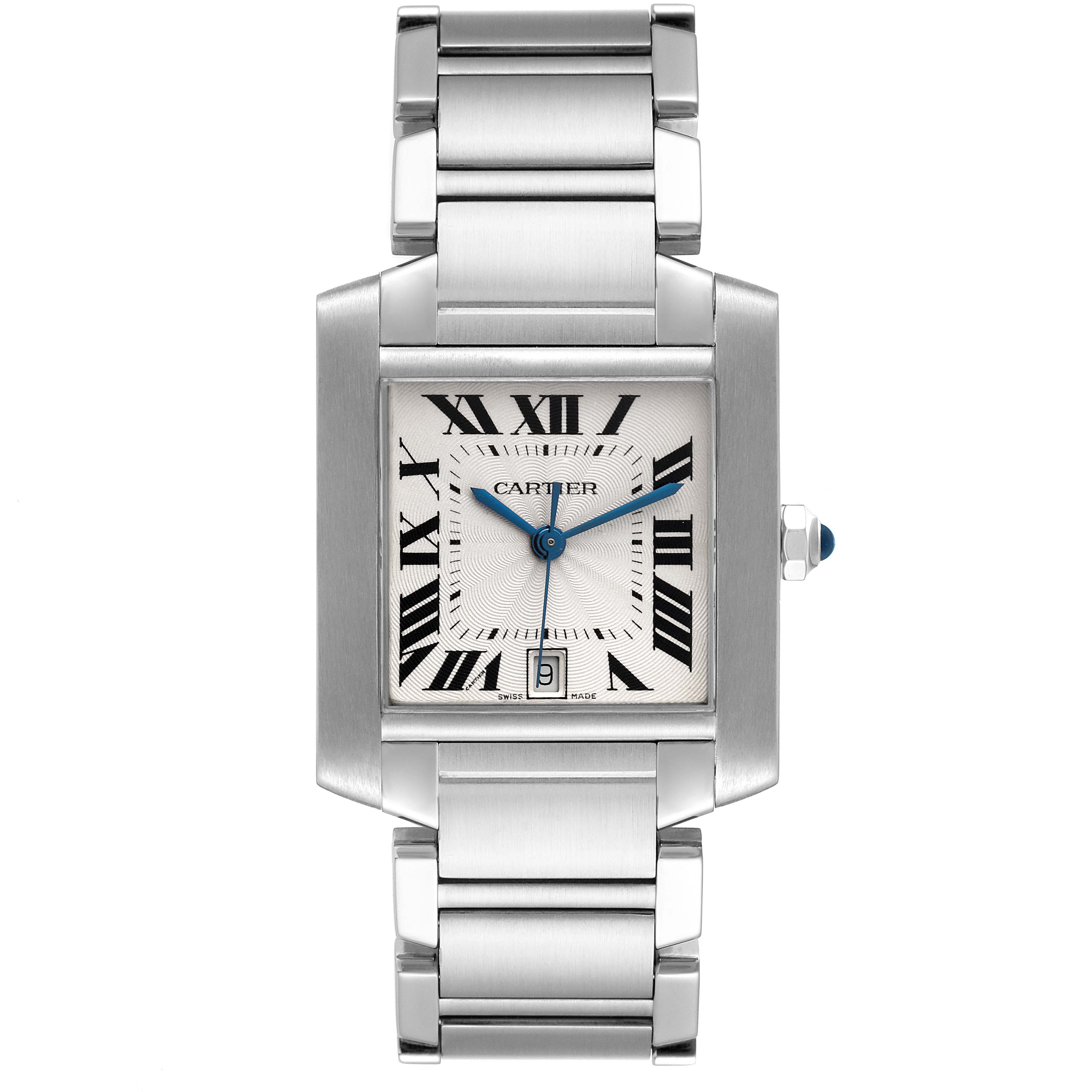 The image shows a Cartier Tank Francaise W51002Q3 Men's Stainless Steel Silver Dial W51002Q3 Men's Stainless Steel Silver Dial watch from a front-facing angle, displaying the dial, case, and metal bracelet.