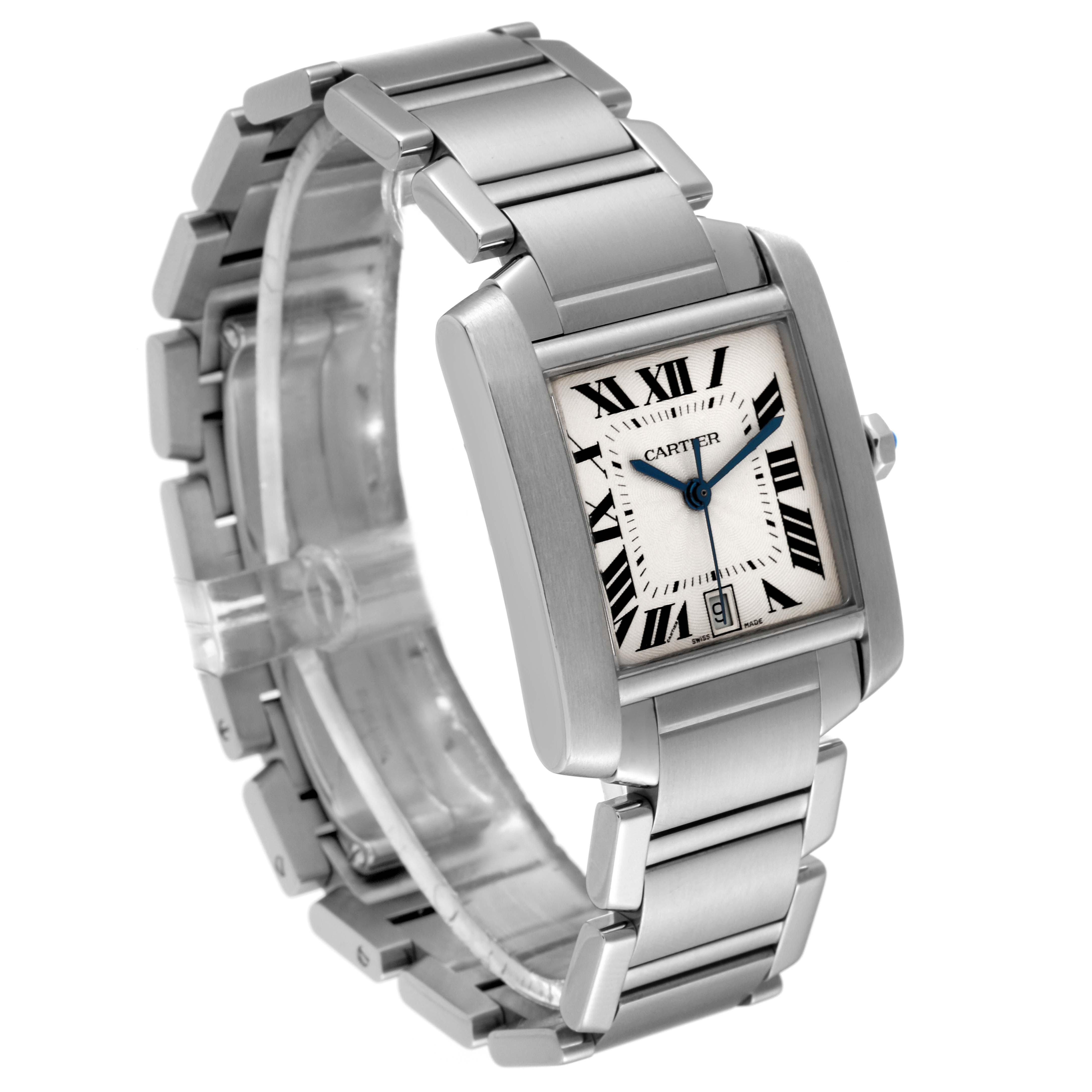 The image shows a side and front angle of the Cartier Tank Francaise W51002Q3 Men's Stainless Steel Silver Dial W51002Q3 Men's Stainless Steel Silver Dial watch, highlighting its metal bracelet and rectangular face.