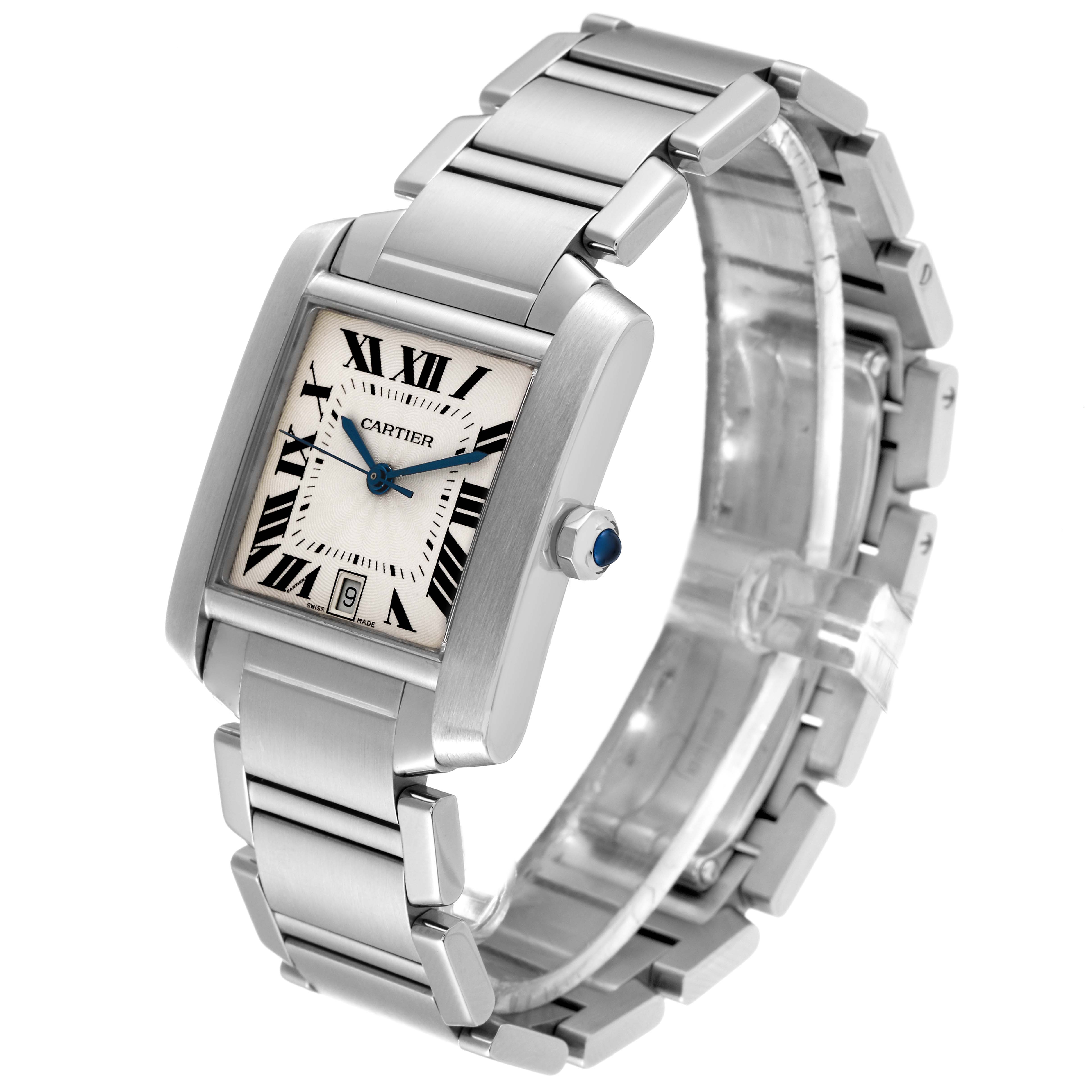 This Cartier Tank Francaise W51002Q3 Men's Stainless Steel Silver Dial W51002Q3 Men's Stainless Steel Silver Dial watch is shown at a three-quarter angle, highlighting its rectangular dial, metal bracelet, and crown.