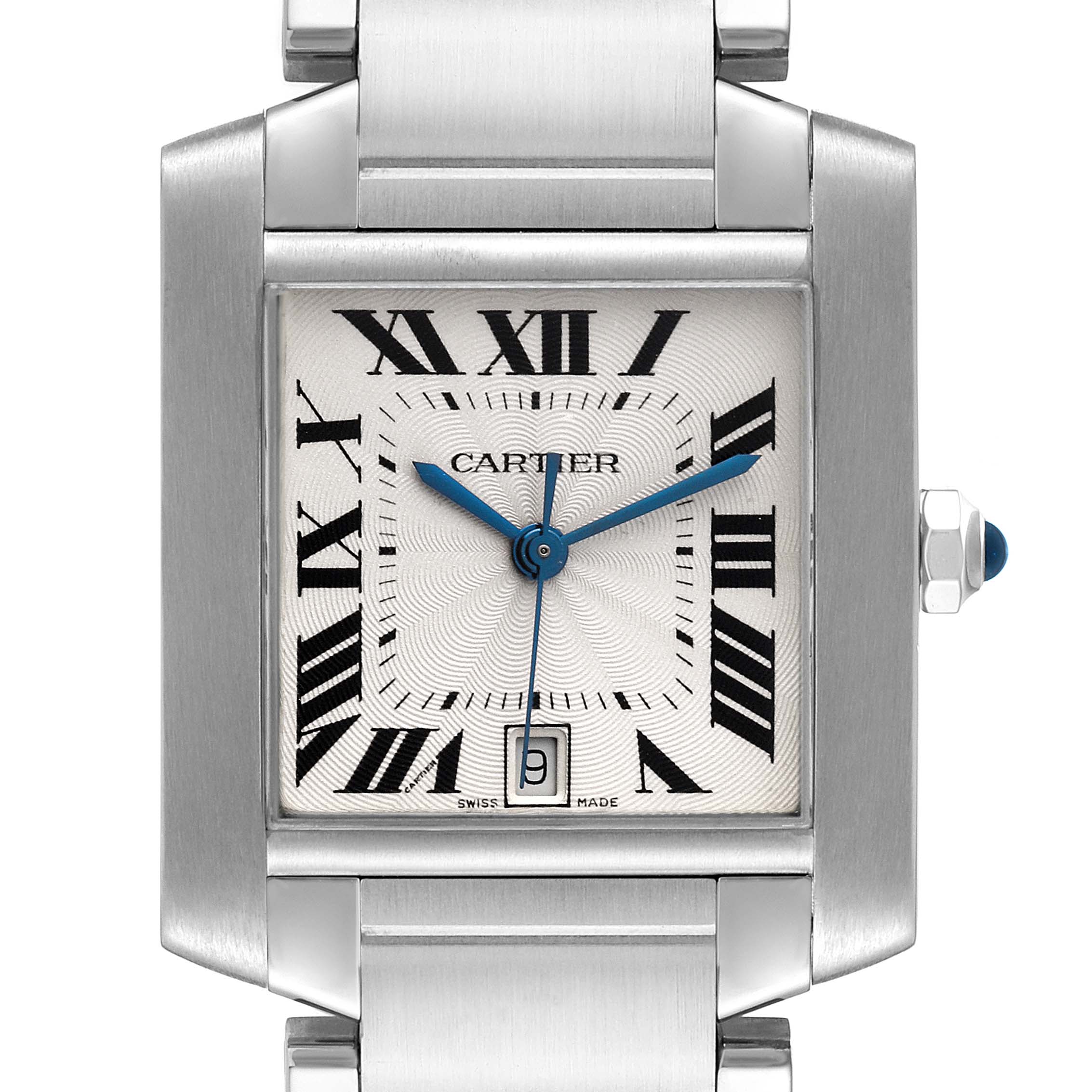 This image shows a close-up of the face of the Cartier Tank Francaise W51002Q3 Men's Stainless Steel Silver Dial W51002Q3 Men's Stainless Steel Silver Dial watch, highlighting the Roman numerals, hands, and date window.