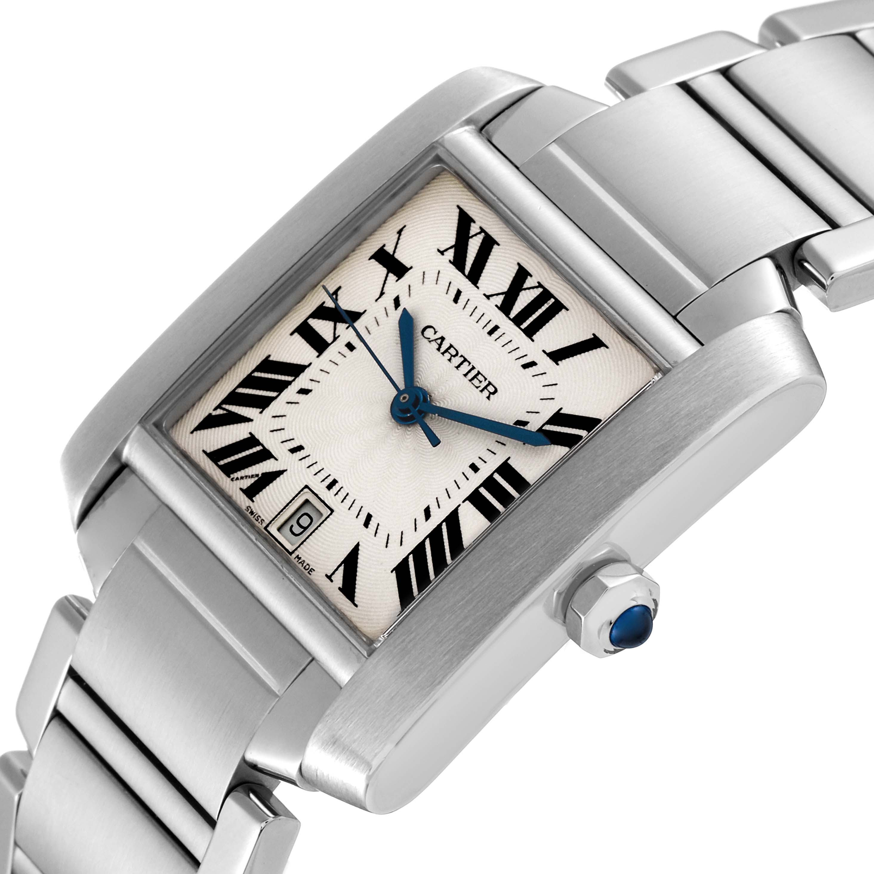 This image shows a close-up angle of a Cartier Tank Francaise W51002Q3 Men's Stainless Steel Silver Dial W51002Q3 Men's Stainless Steel Silver Dial watch, highlighting the dial, bracelet, and crown with a blue cabochon.