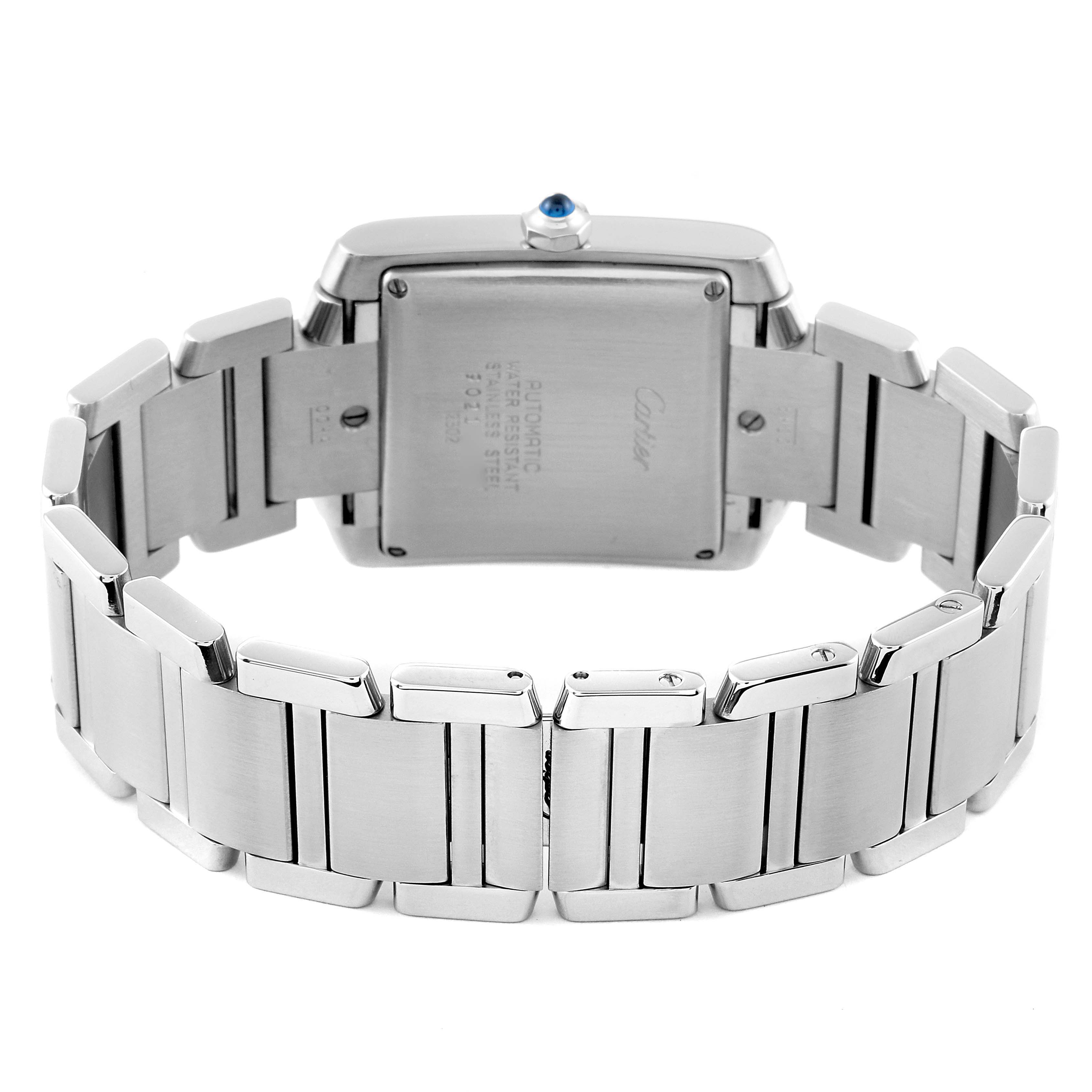This image shows the back view of a Cartier Tank Francaise W51002Q3 Men's Stainless Steel Silver Dial W51002Q3 Men's Stainless Steel Silver Dial watch, highlighting its stainless steel case and bracelet.