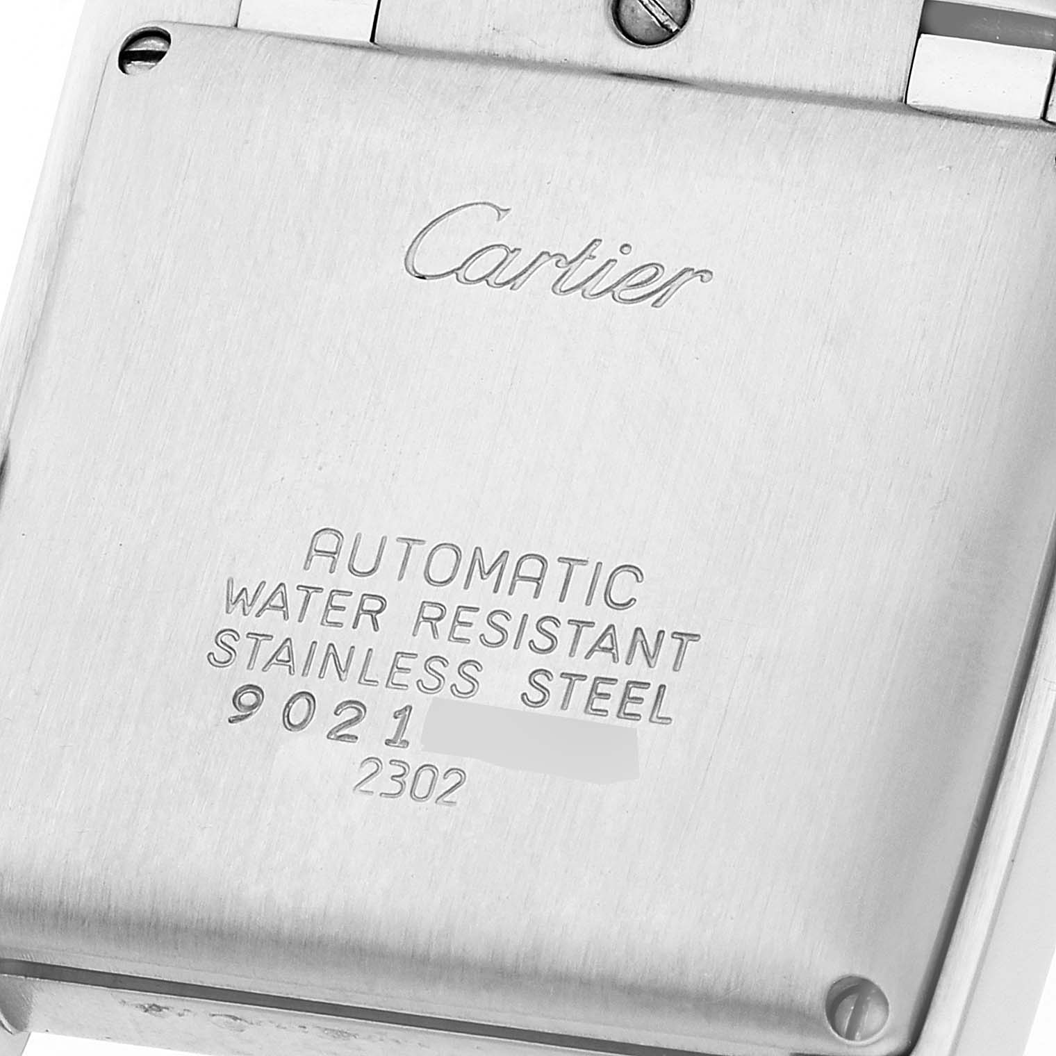 This image shows the back case of a Cartier Tank Francaise W51002Q3 Men's Stainless Steel Silver Dial W51002Q3 Men's Stainless Steel Silver Dial watch, highlighting its material and water resistance.