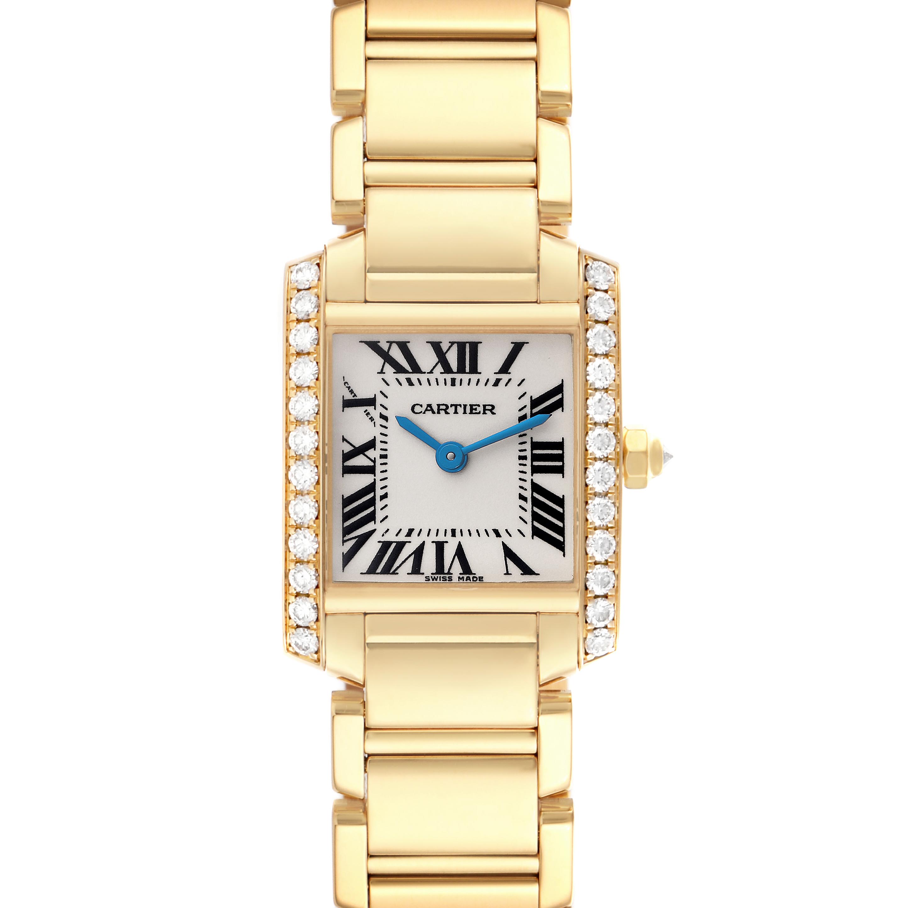 The Cartier Tank Francaise WE1001R8 Women's Yellow Gold Silver Dial WE1001R8 Women's Yellow Gold Silver Dial watch is shown from a front angle, highlighting its rectangular case, diamond bezel, and linked bracelet.