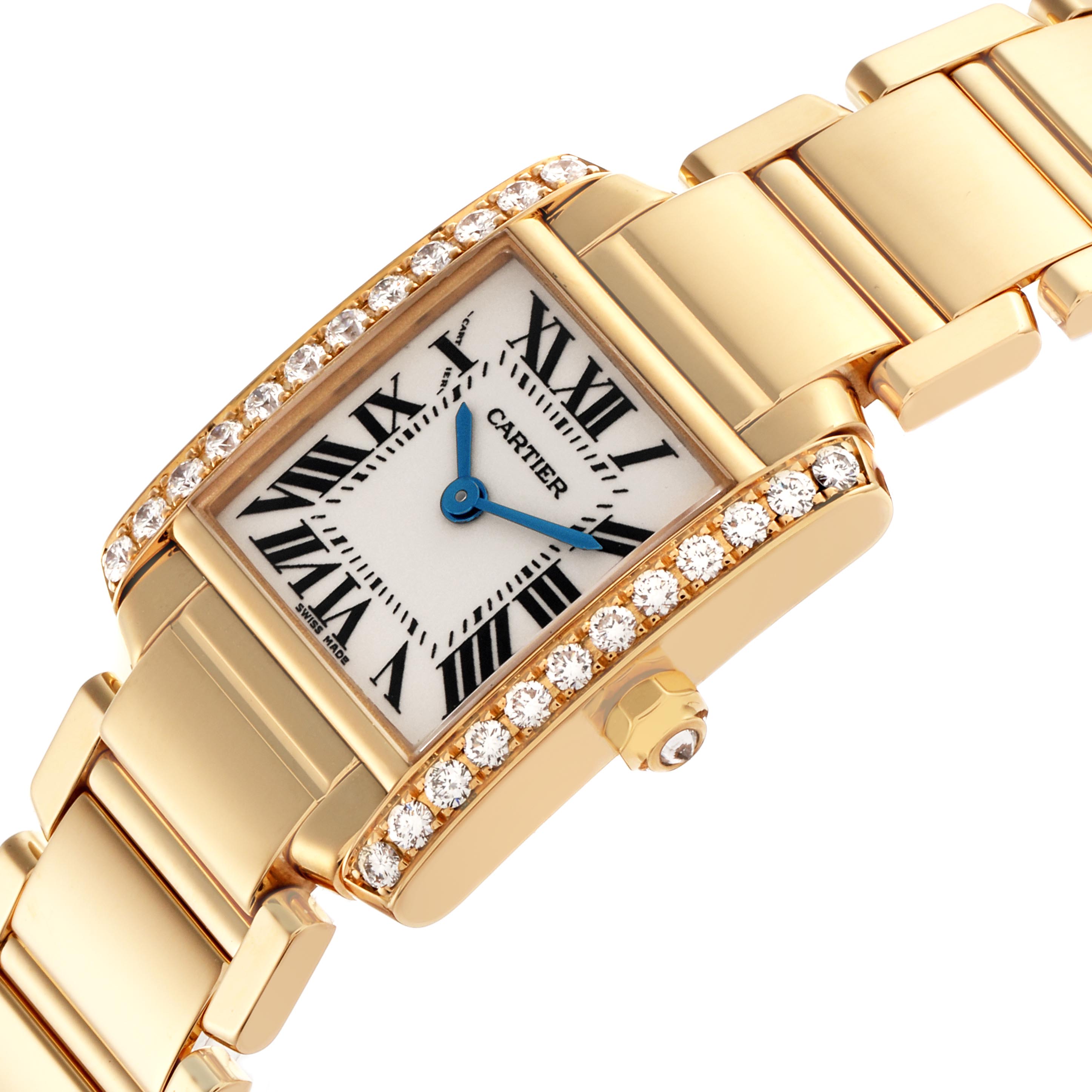 The Cartier Tank Francaise WE1001R8 Women's Yellow Gold Silver Dial WE1001R8 Women's Yellow Gold Silver Dial watch is shown at an angle, highlighting the dial, diamond-set case, and gold bracelet.
