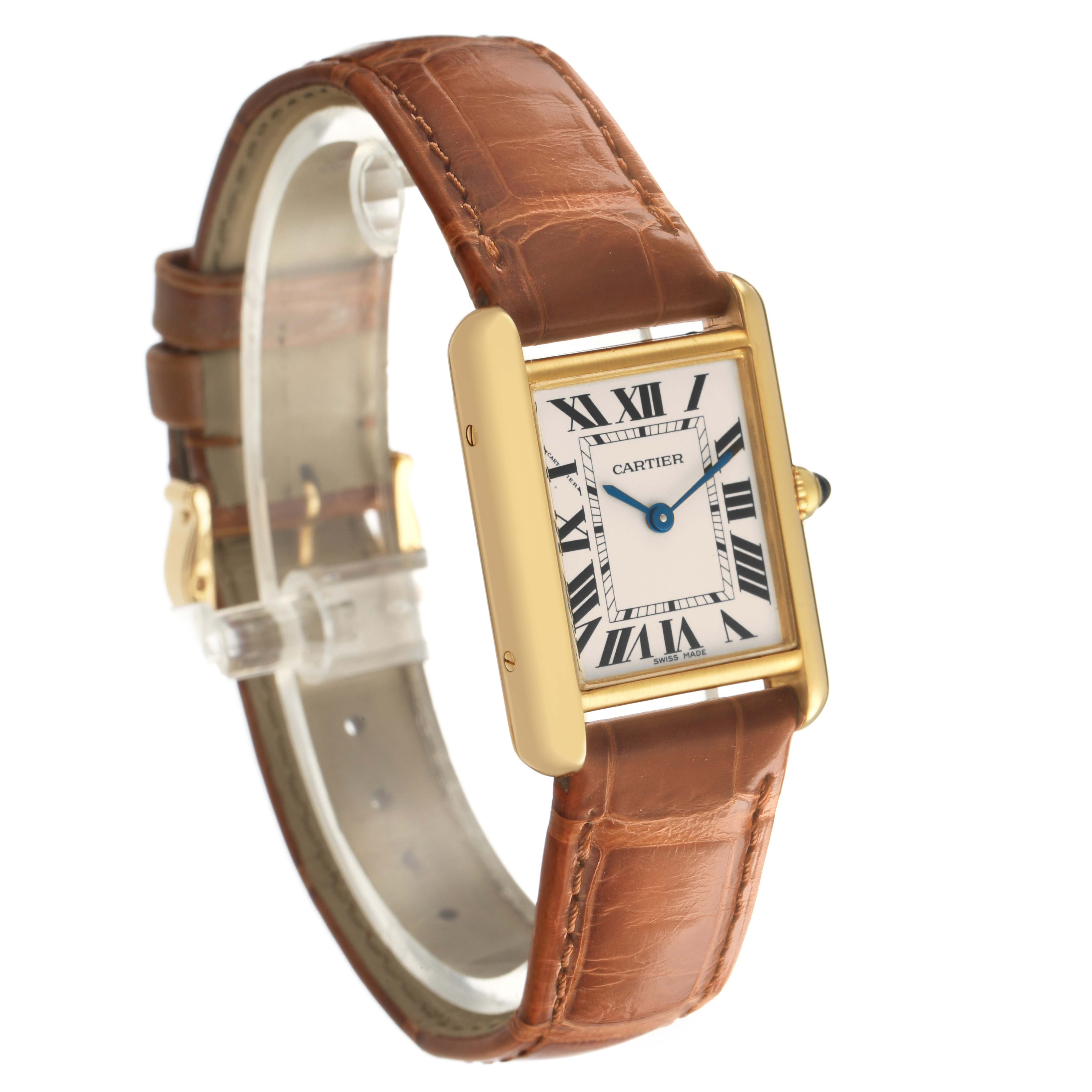 The Cartier Tank Louis W1529856 Women's Yellow Gold Silver Dial watch is shown at a three-quarter angle, displaying its gold rectangular case, white dial, leather strap, and blue hands.