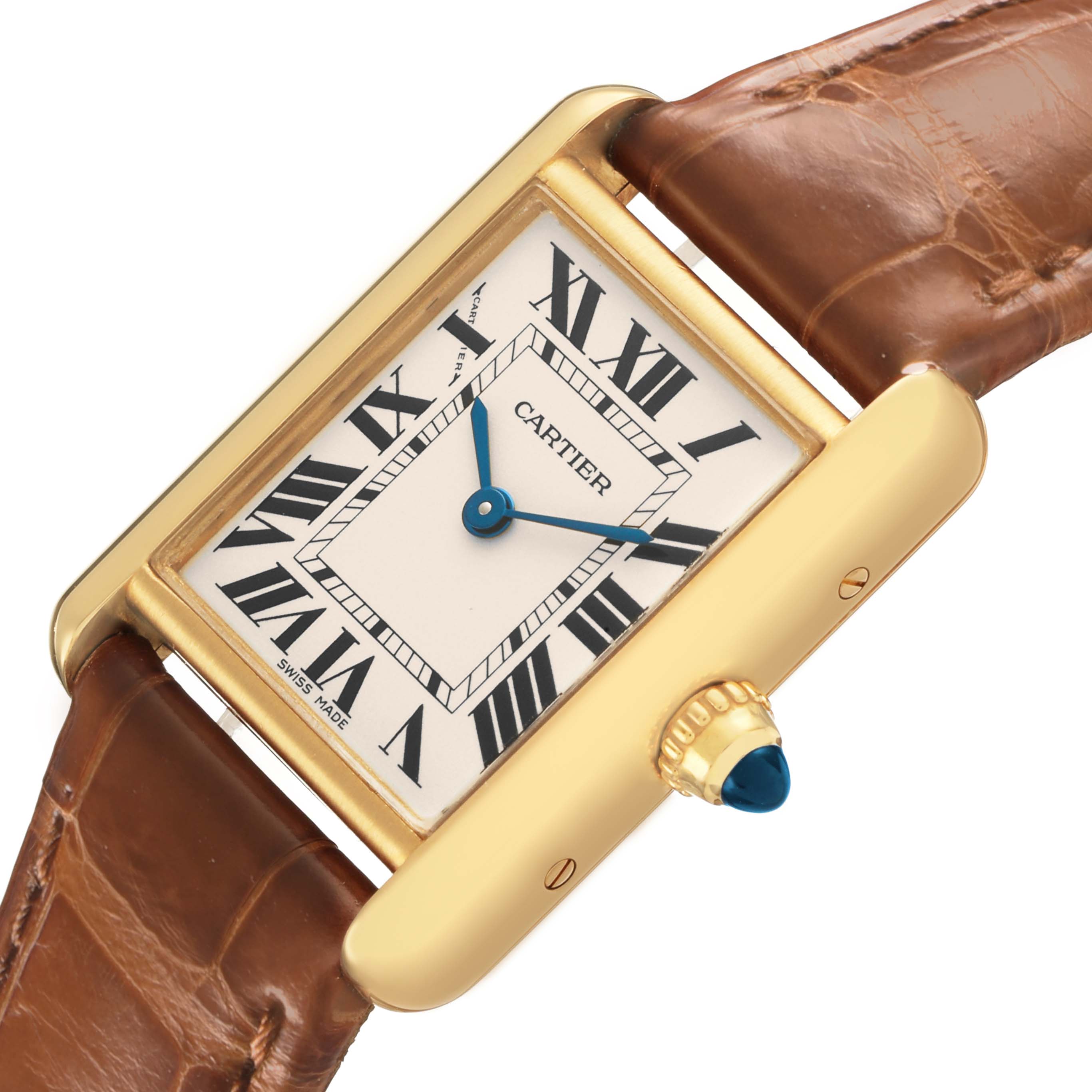 The Cartier Tank Louis W1529856 Women's Yellow Gold Silver Dial watch is shown from a slightly angled top view, highlighting the rectangular dial, blue hands, and brown leather strap.