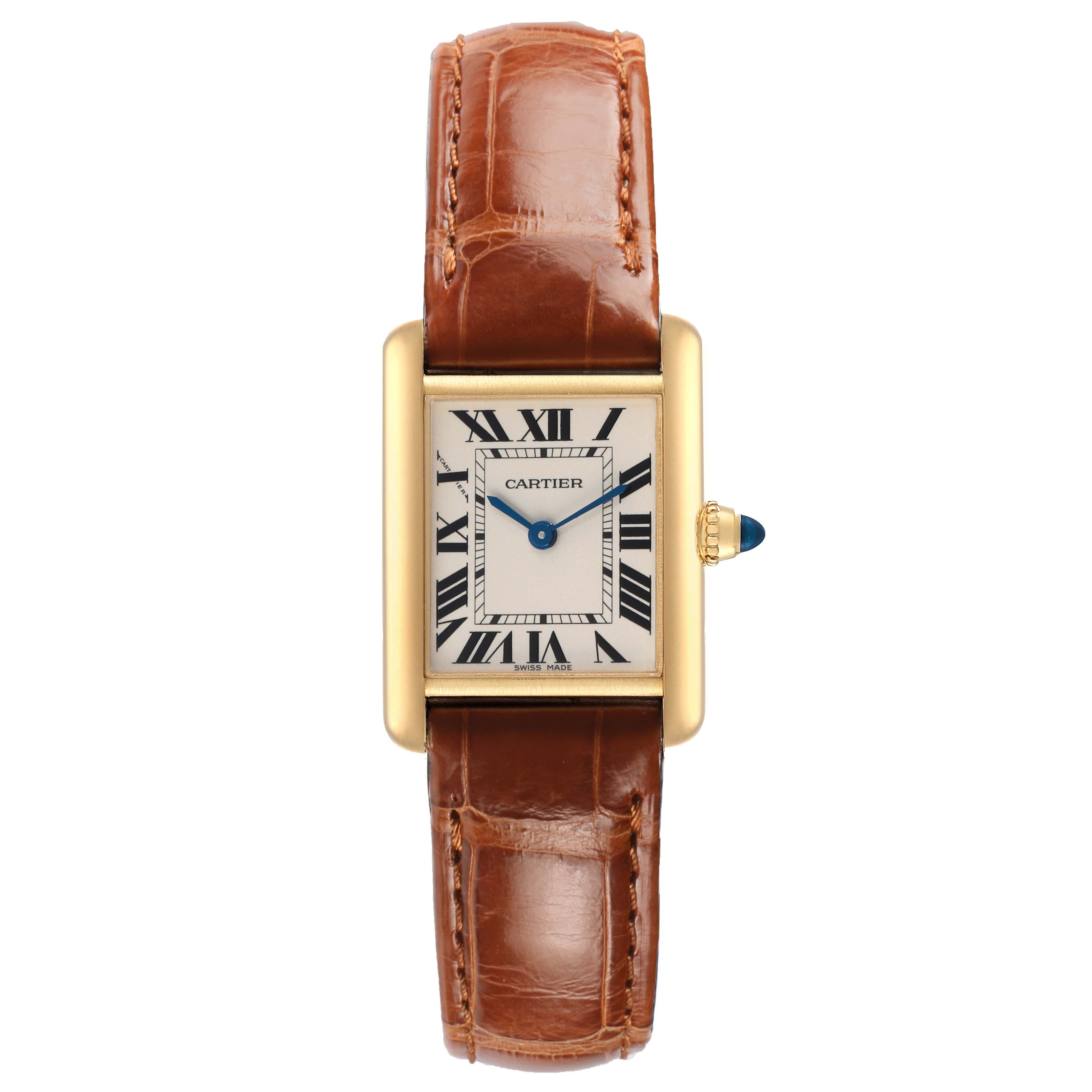 The Cartier Tank Louis W1529856 Women's Yellow Gold Silver Dial watch is shown from the front, displaying its rectangular face, gold case, and brown leather strap.