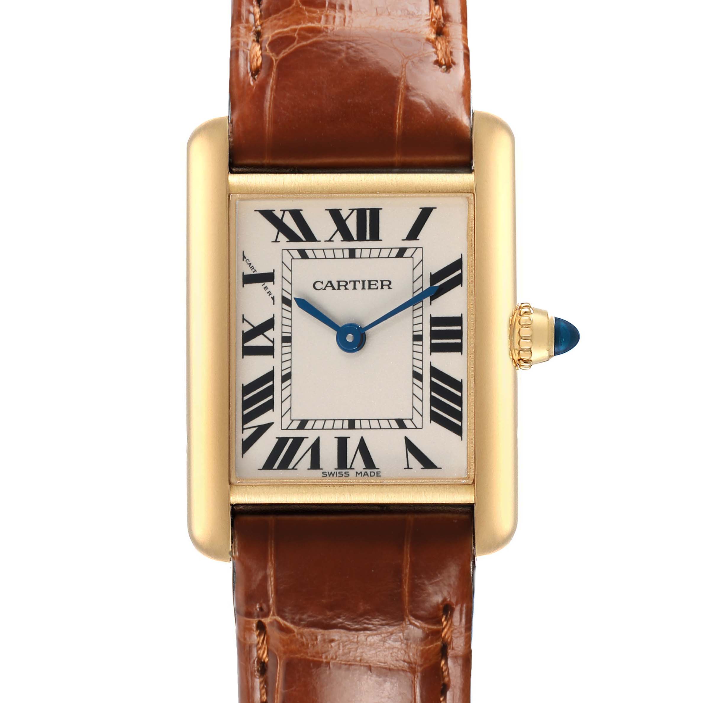 The Cartier Tank Louis W1529856 Women's Yellow Gold Silver Dial watch is shown from the front, highlighting its face, Roman numerals, and leather strap.