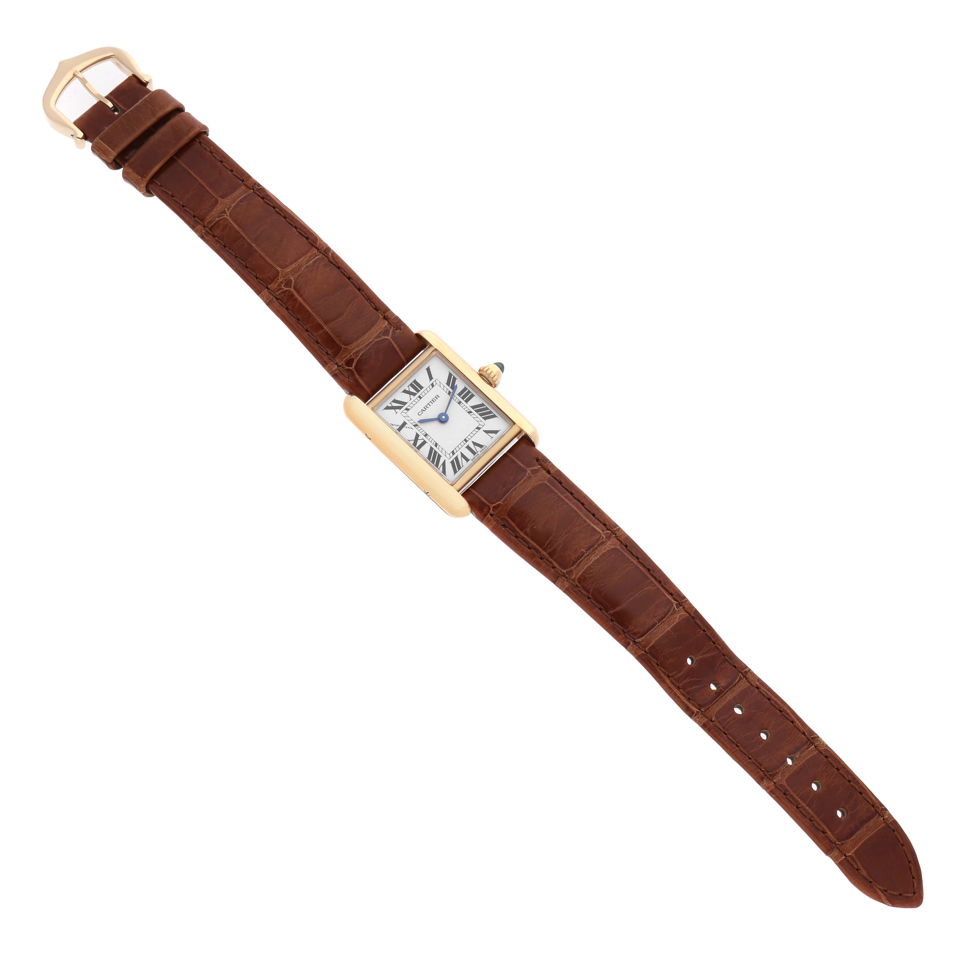 The Cartier Tank Louis W1529856 Women's Yellow Gold Silver Dial watch is shown from a top-down angle, displaying its face, leather strap, and gold case.