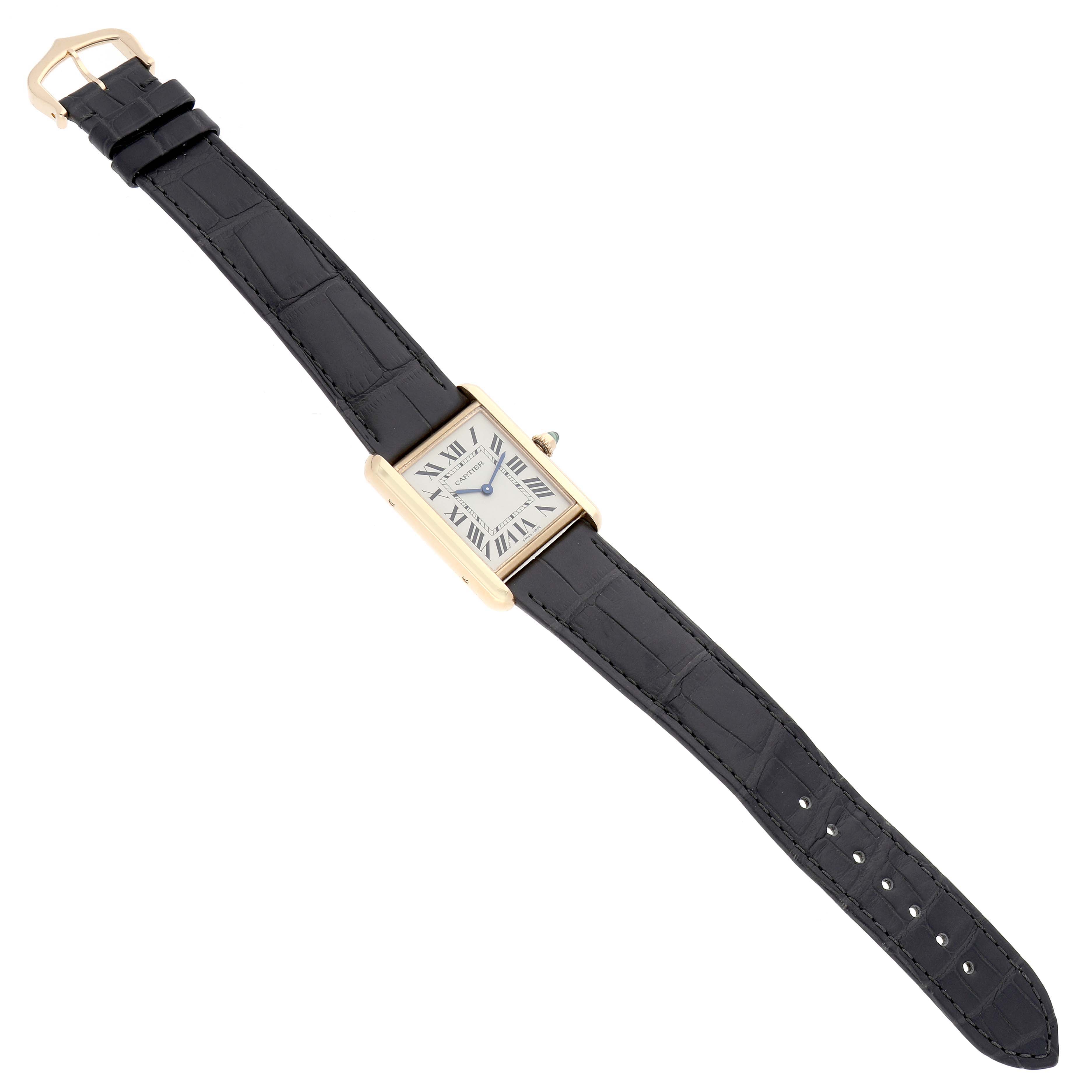 The Cartier Tank Louis WGTA0067 Men's Yellow Gold Silver Dial watch is shown from the top, featuring the rectangular case, dial, and full leather strap.