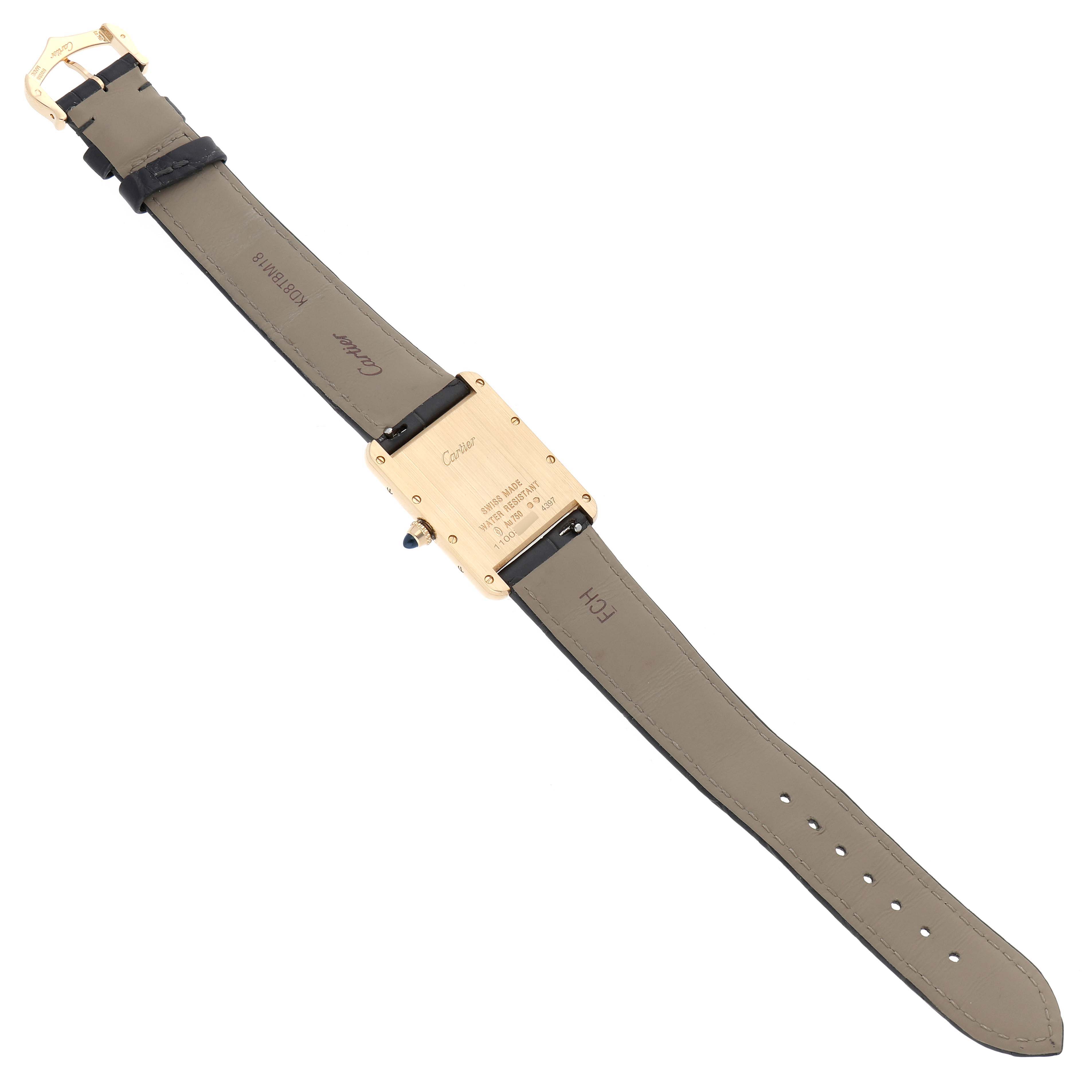 The Cartier Tank Louis WGTA0067 Men's Yellow Gold Silver Dial watch is shown from the back, displaying the caseback, strap, and buckle.