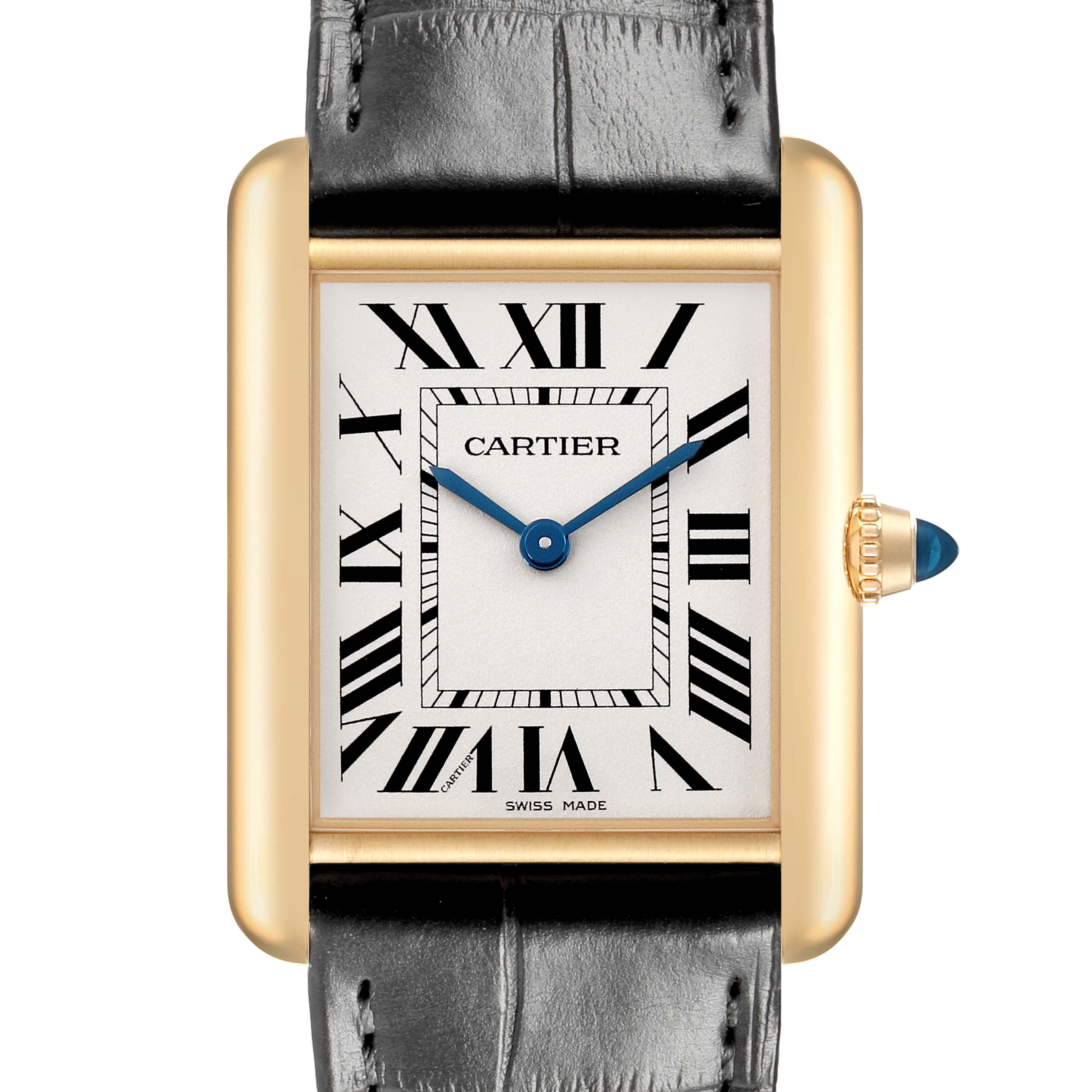 The Cartier Tank Louis WGTA0067 Men's Yellow Gold Silver Dial watch is shown from a front angle, highlighting its rectangular face, Roman numerals, and blue hands.