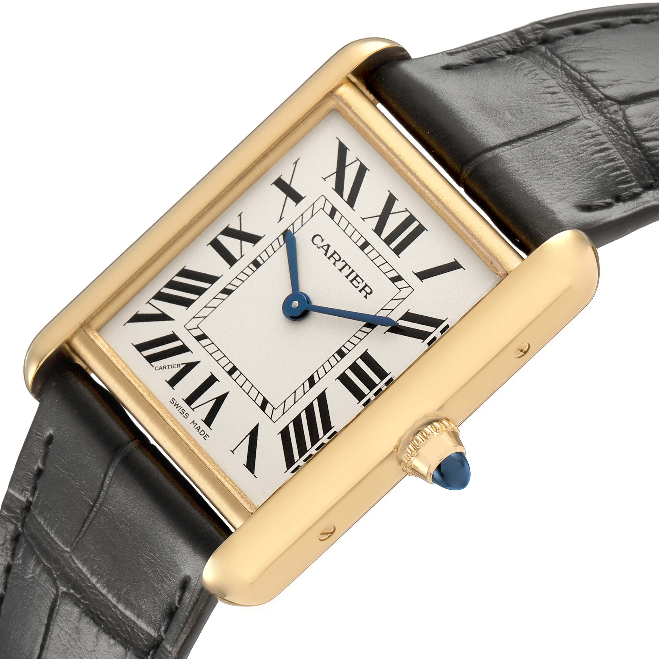 The Cartier Tank Louis WGTA0067 Men's Yellow Gold Silver Dial watch is shown at an angle, highlighting the gold case, Roman numerals, blue hands, and black leather strap.