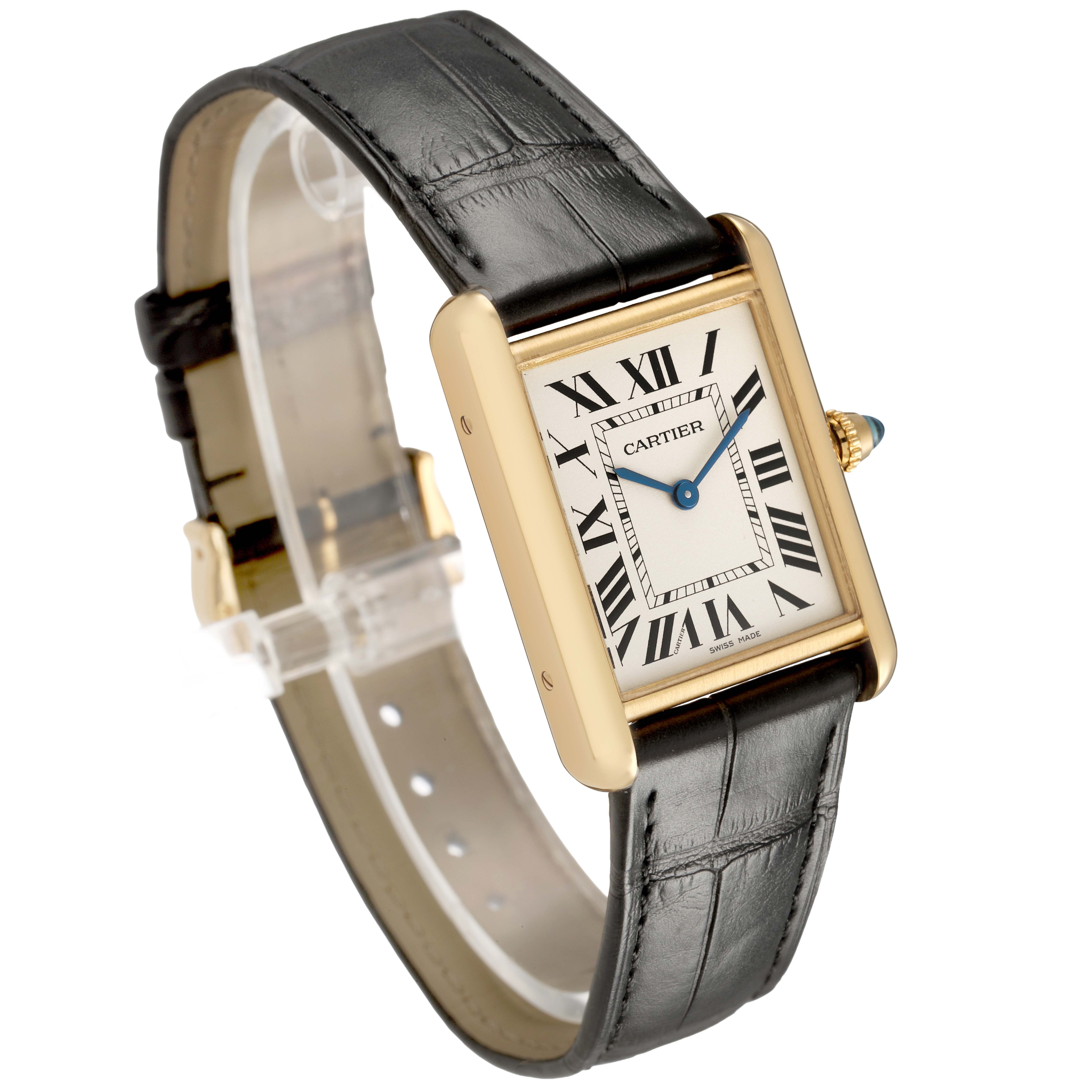The Cartier Tank Louis WGTA0067 Men's Yellow Gold Silver Dial watch is shown at a slight angle, highlighting the face, crown, and leather strap.
