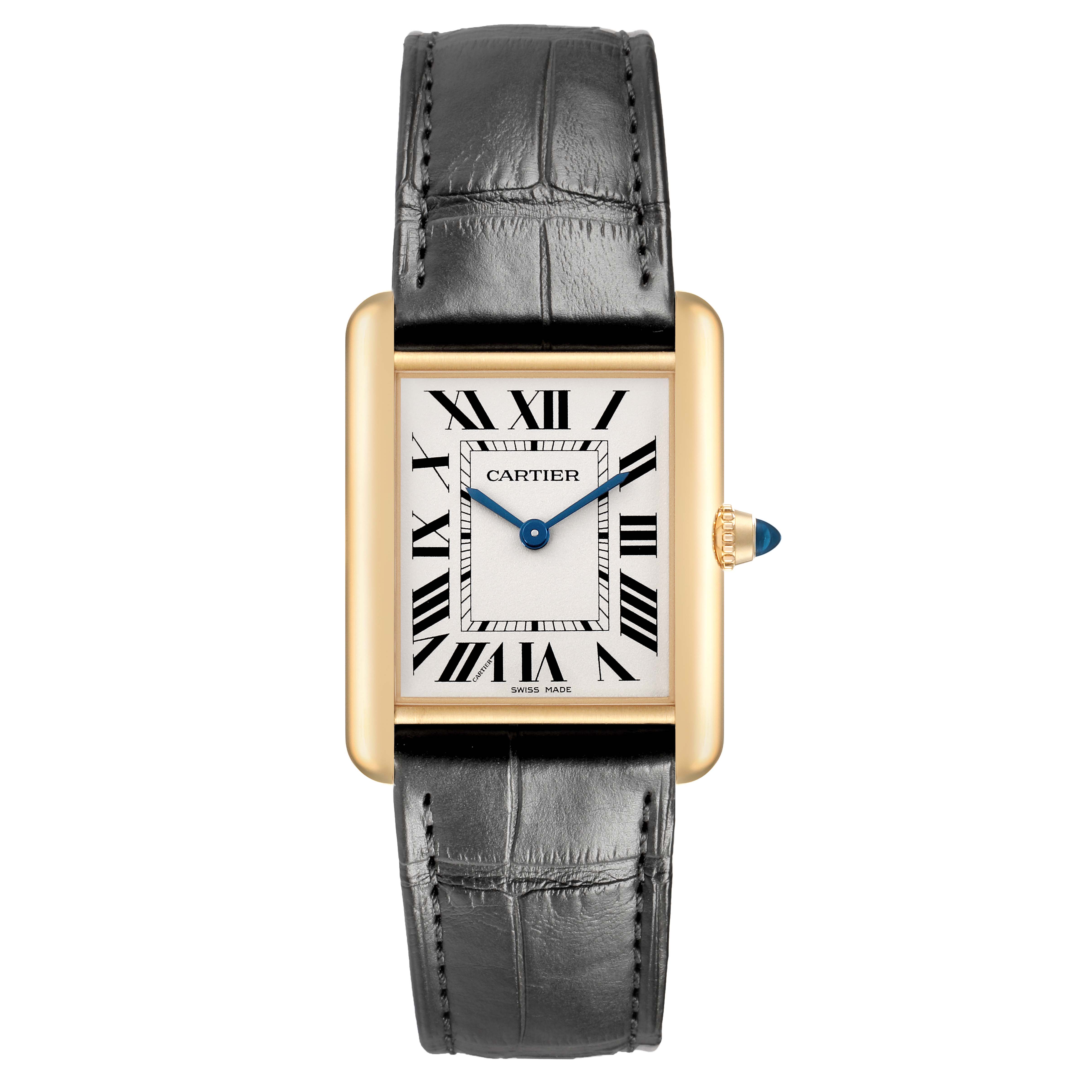 The Cartier Tank Louis WGTA0067 Men's Yellow Gold Silver Dial watch is shown from a top view, displaying the face, Roman numerals, blue hands, gold case, and leather strap.
