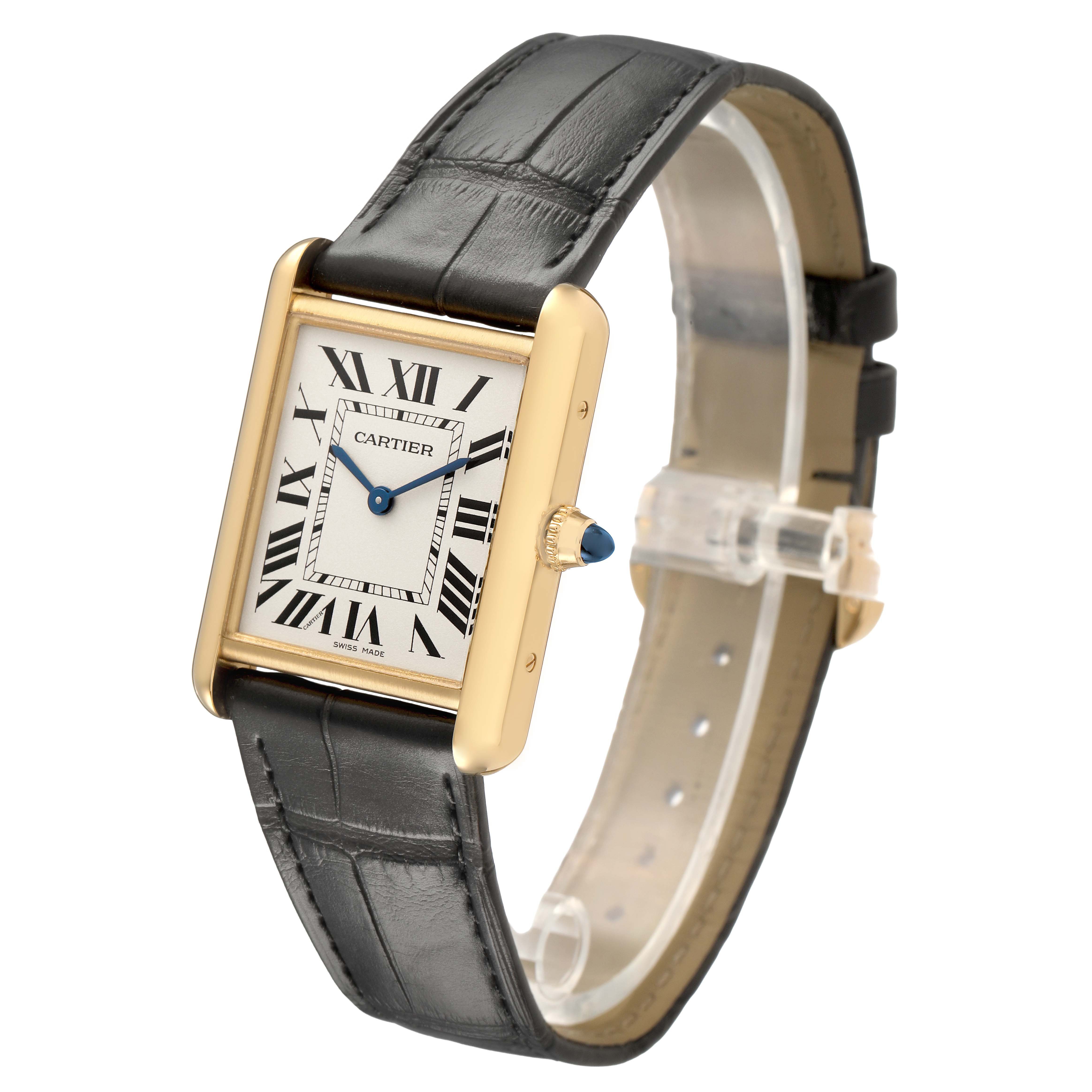 The Cartier Tank Louis WGTA0067 Men's Yellow Gold Silver Dial watch is shown at a slight angle, displaying its rectangular dial, roman numerals, and black leather strap.