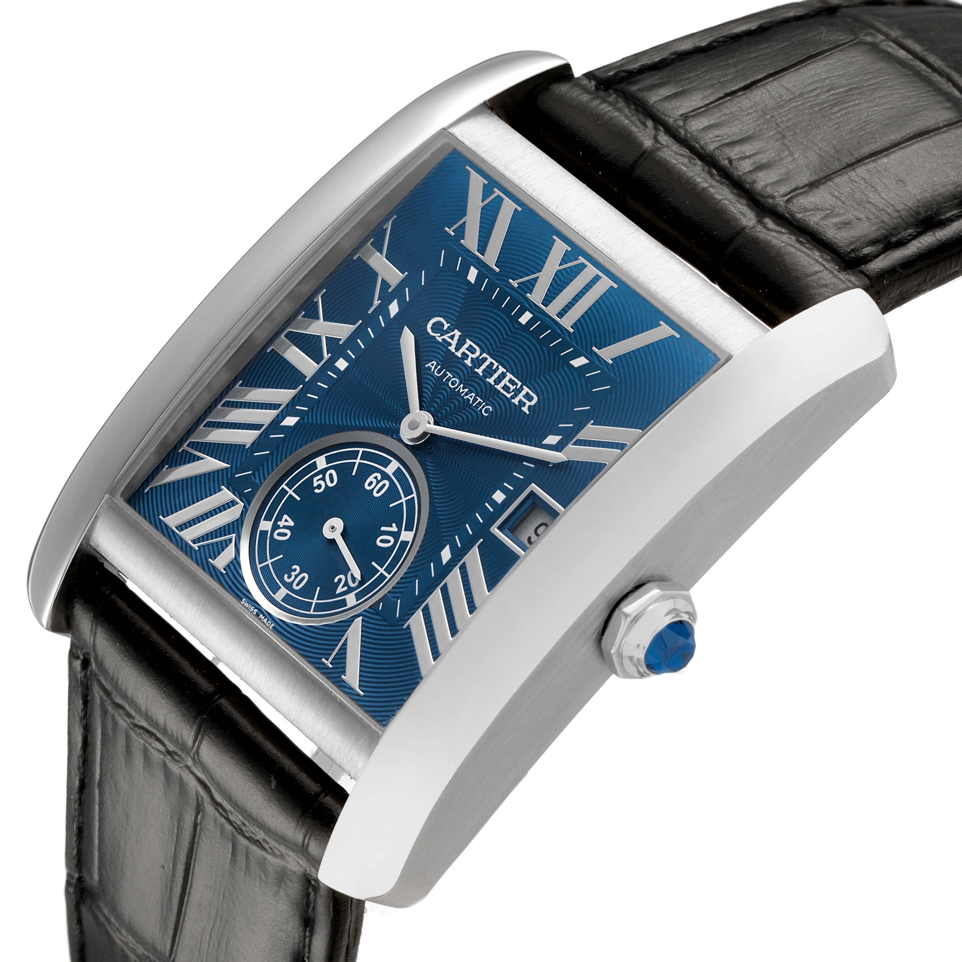 The Cartier Tank MC WSTA0010 Men's Stainless Steel Blue Dial watch is shown at a side angle, highlighting its blue dial, Roman numerals, sub-dial, crown, and leather strap.