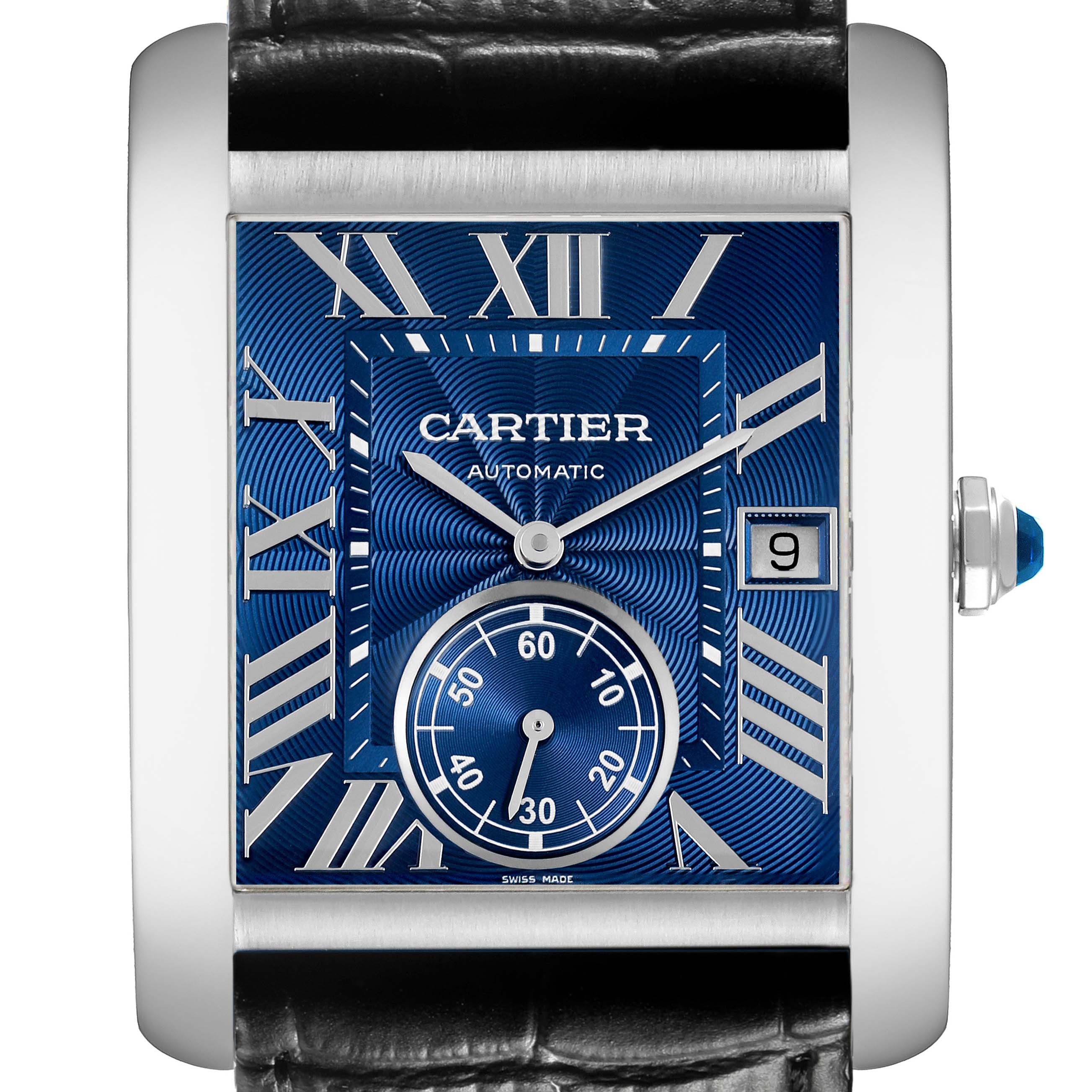 The Cartier Tank MC WSTA0010 Men's Stainless Steel Blue Dial watch is shown from the front, highlighting its blue dial, Roman numerals, date window, and sub-dial.