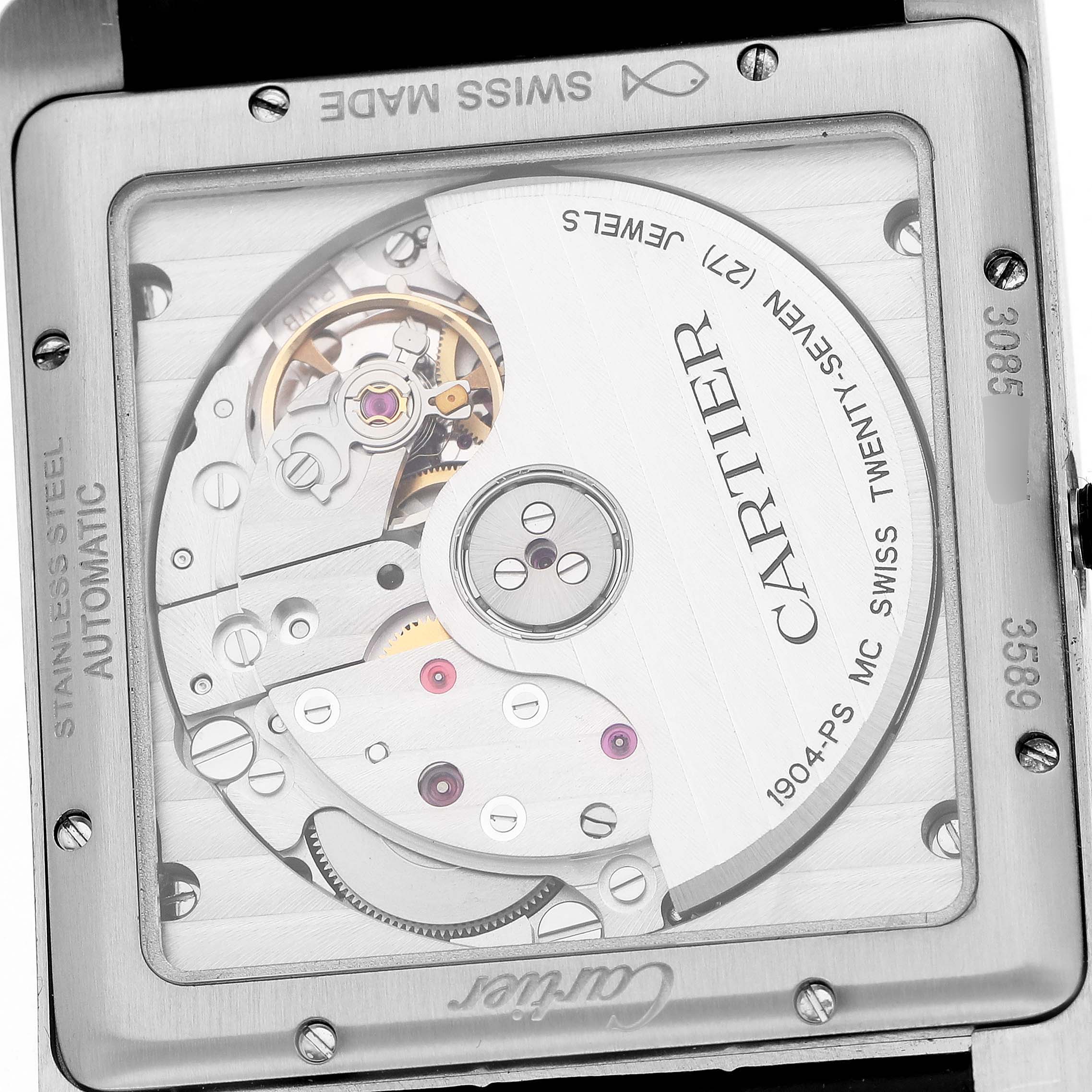 The image shows the back of a Cartier Tank MC WSTA0010 Men's Stainless Steel Blue Dial watch, highlighting its automatic movement and inner mechanisms.