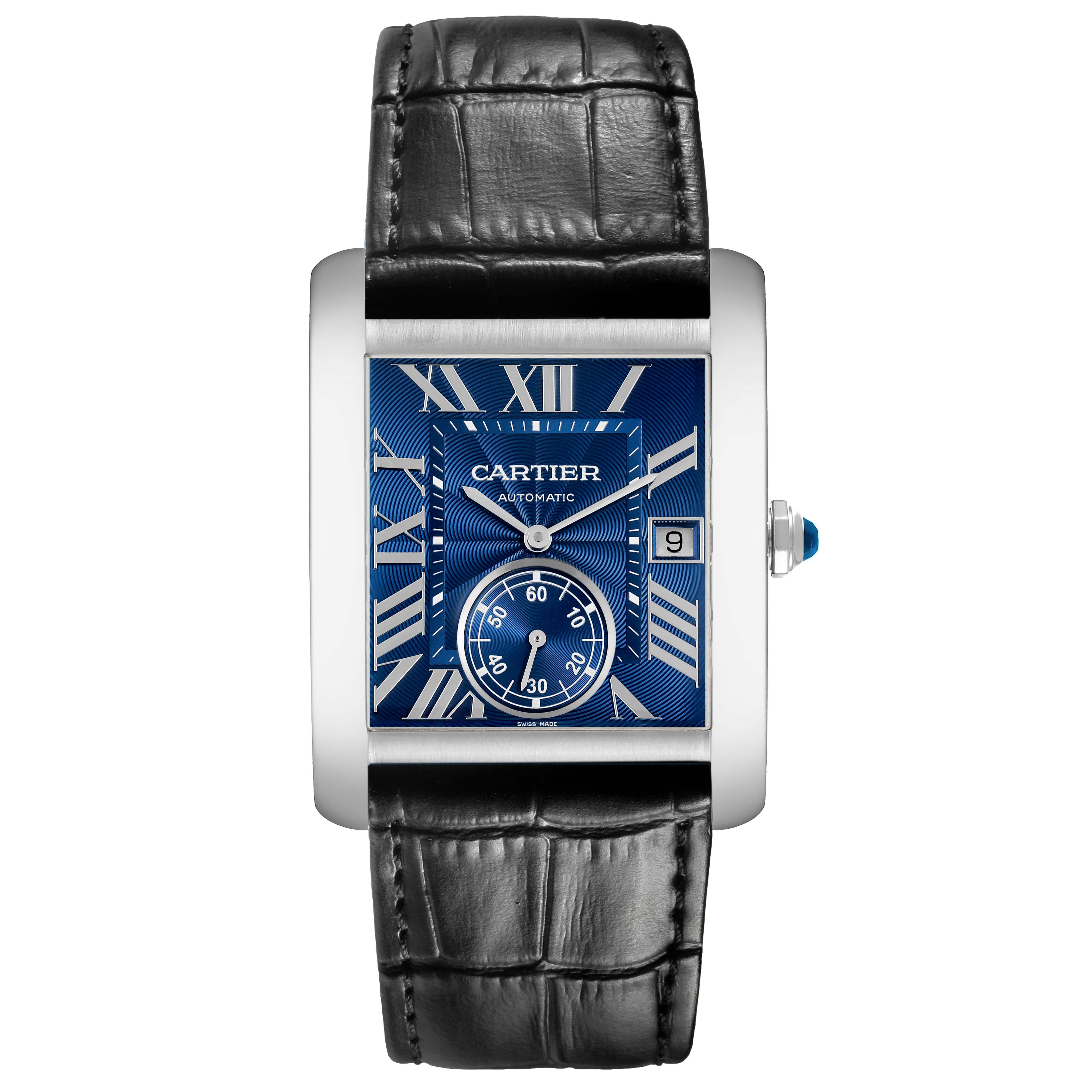 The Cartier Tank MC WSTA0010 Men's Stainless Steel Blue Dial watch is shown from a top-down angle, displaying its face, Roman numerals, and black leather strap.