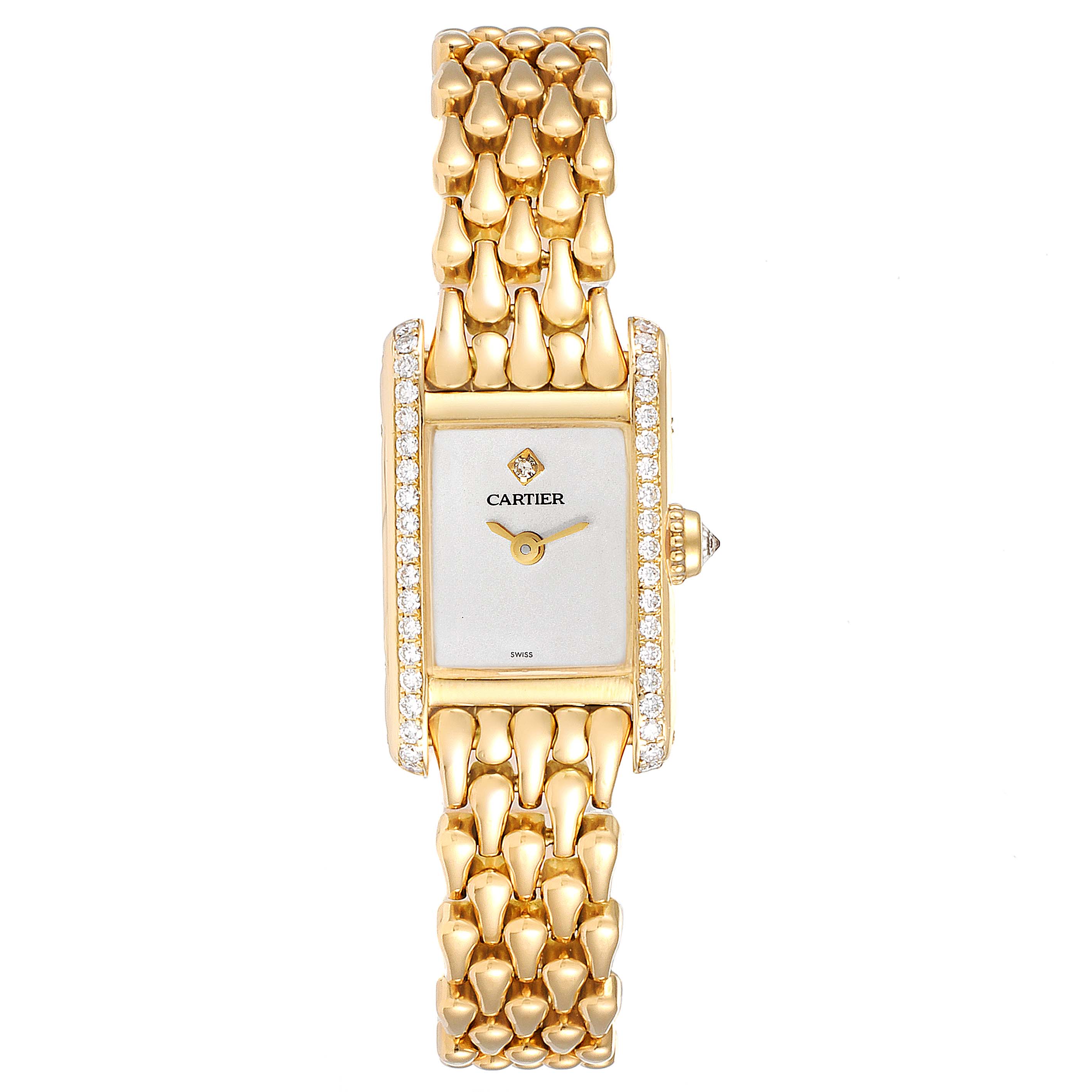 The image shows a top view of the Cartier Tank Louis 1360.1 Women's Yellow Gold Silver Dial 1360.1 Women's Yellow Gold Silver Dial watch, prominently displaying its bracelet, case, and face.