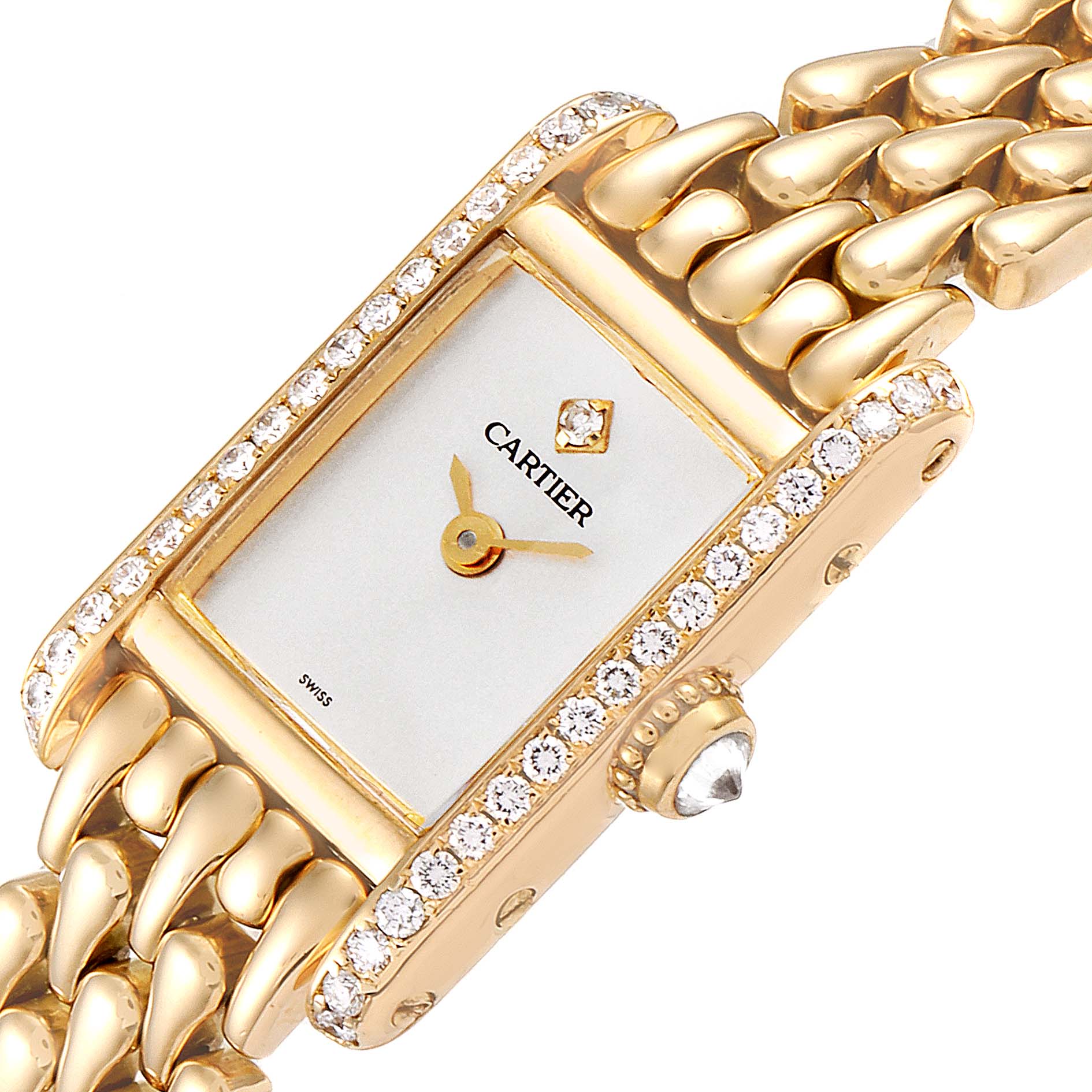 The image shows a close-up angle of the Cartier Tank Louis 1360.1 Women's Yellow Gold Silver Dial 1360.1 Women's Yellow Gold Silver Dial model, highlighting the face and part of the bracelet.