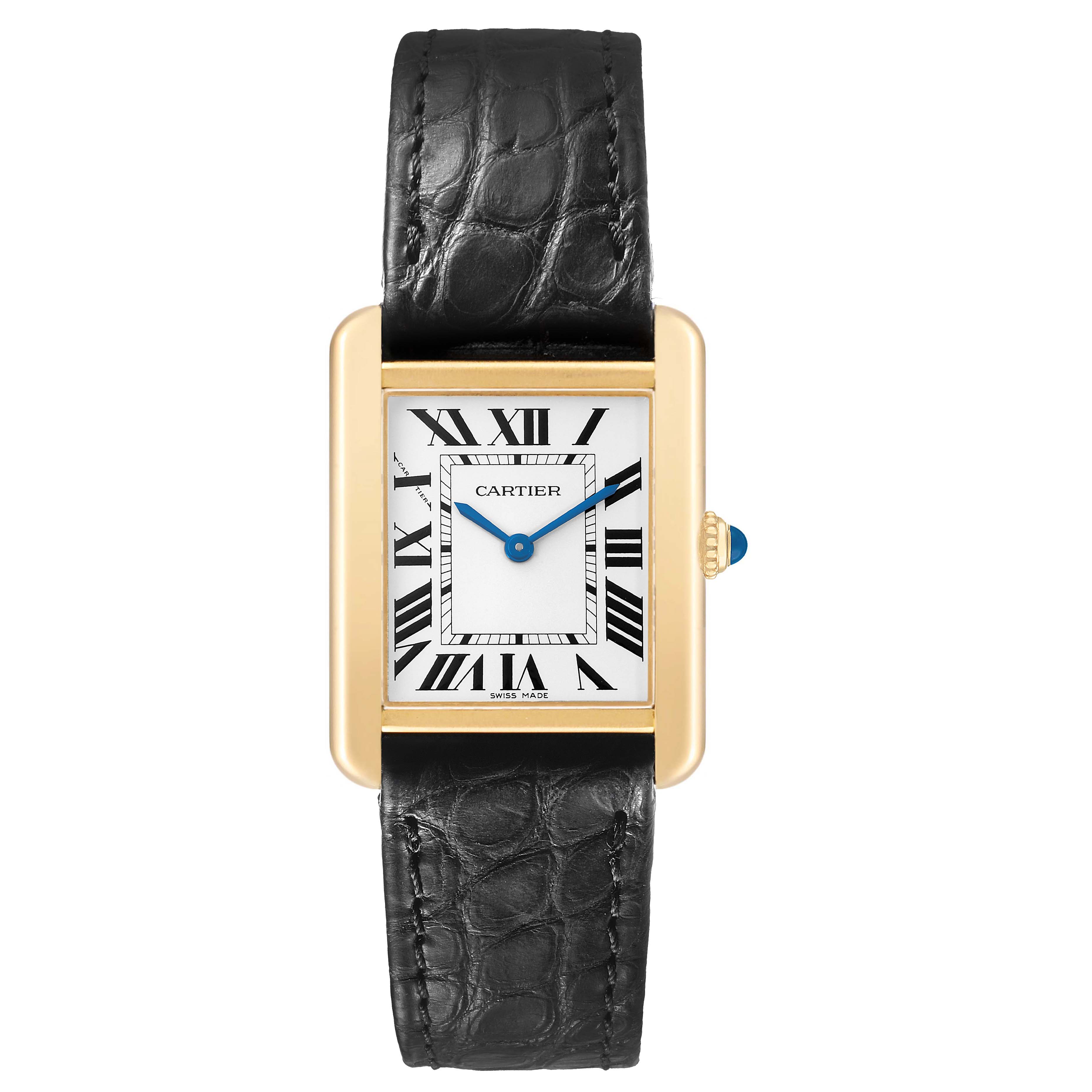 The Cartier Tank Solo W5200024 Women's Steel and Gold (two tone) Silver Dial watch is shown in a straight-on angle, highlighting its rectangular face, Roman numerals, and leather strap.