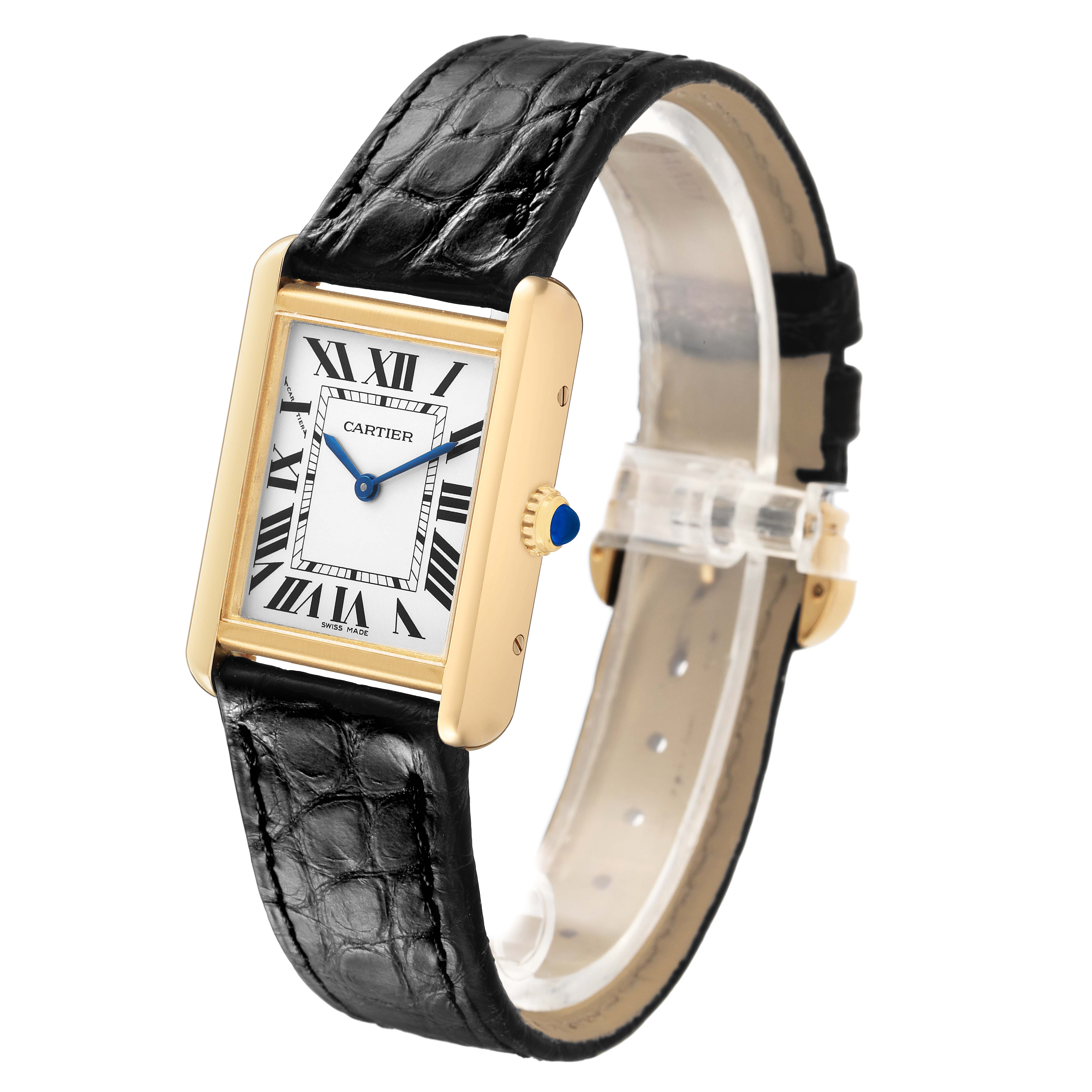 This Cartier Tank Solo W5200024 Women's Steel and Gold (two tone) Silver Dial watch is shown at a three-quarter angle, highlighting the dial, case, crown, and leather strap.