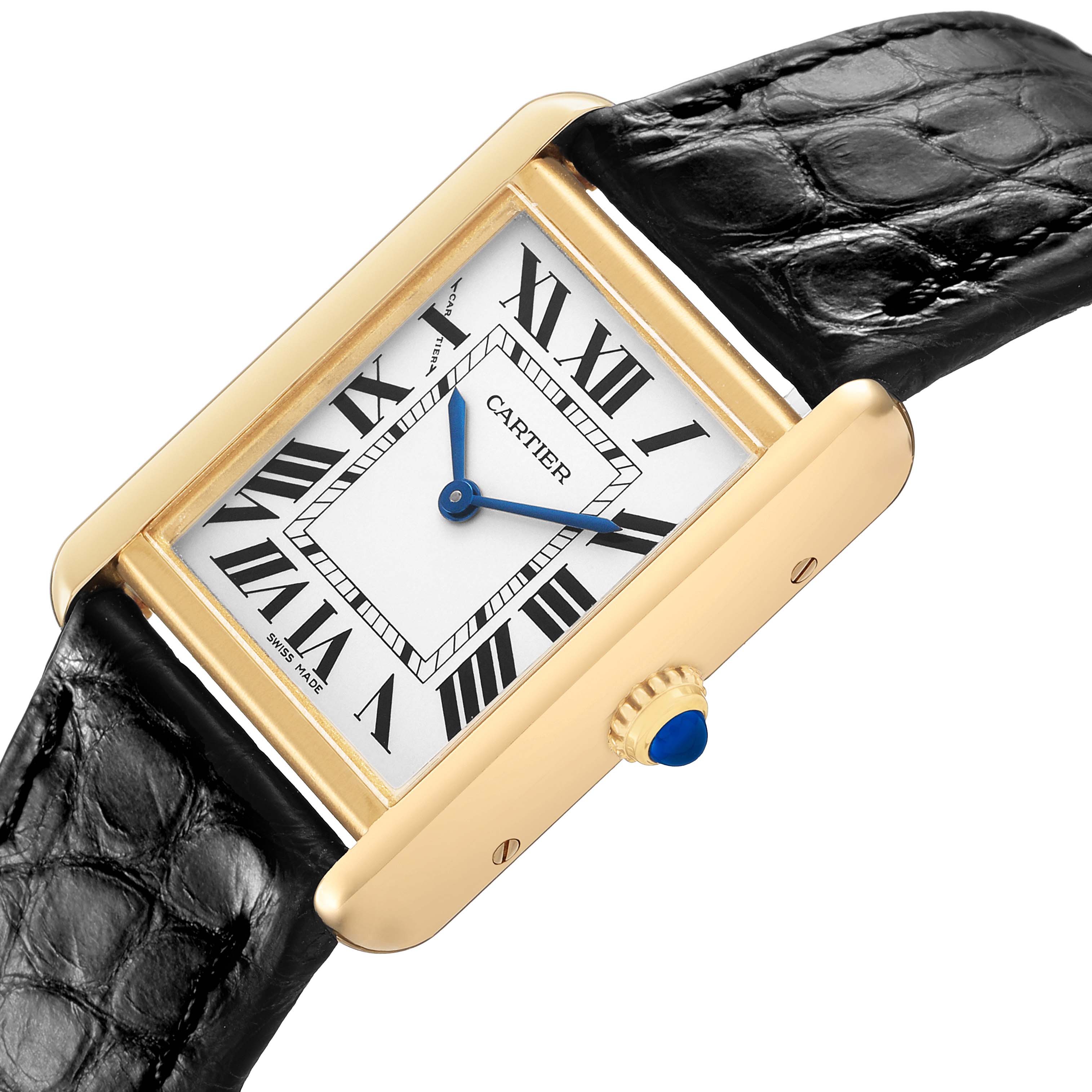 The Cartier Tank Solo W5200024 Women's Steel and Gold (two tone) Silver Dial watch is shown at an angled side view, highlighting the gold case, white dial, Roman numerals, and black leather strap.