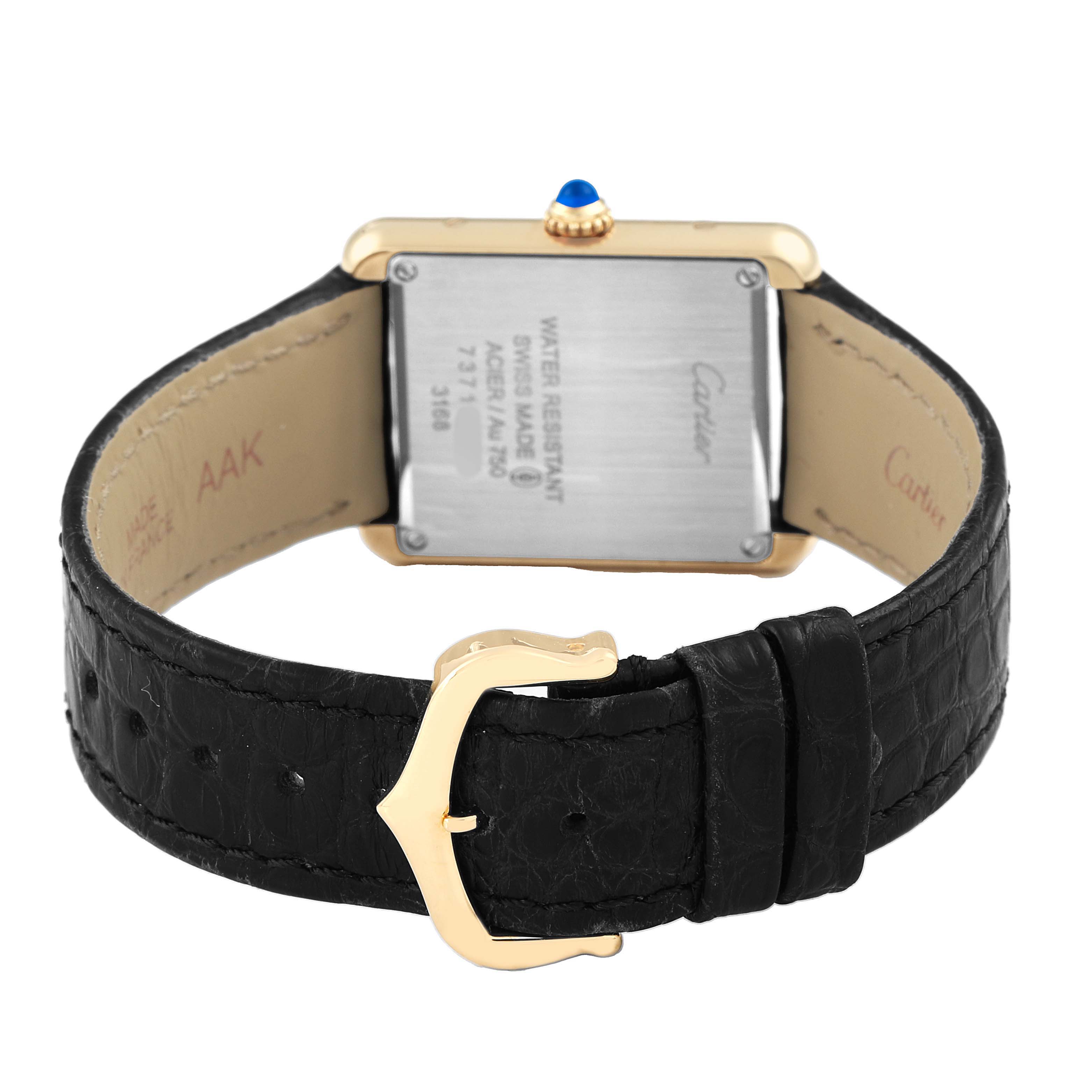 The image shows the back of the Cartier Tank Solo W5200024 Women's Steel and Gold (two tone) Silver Dial watch, featuring the strap, buckle, and case back.