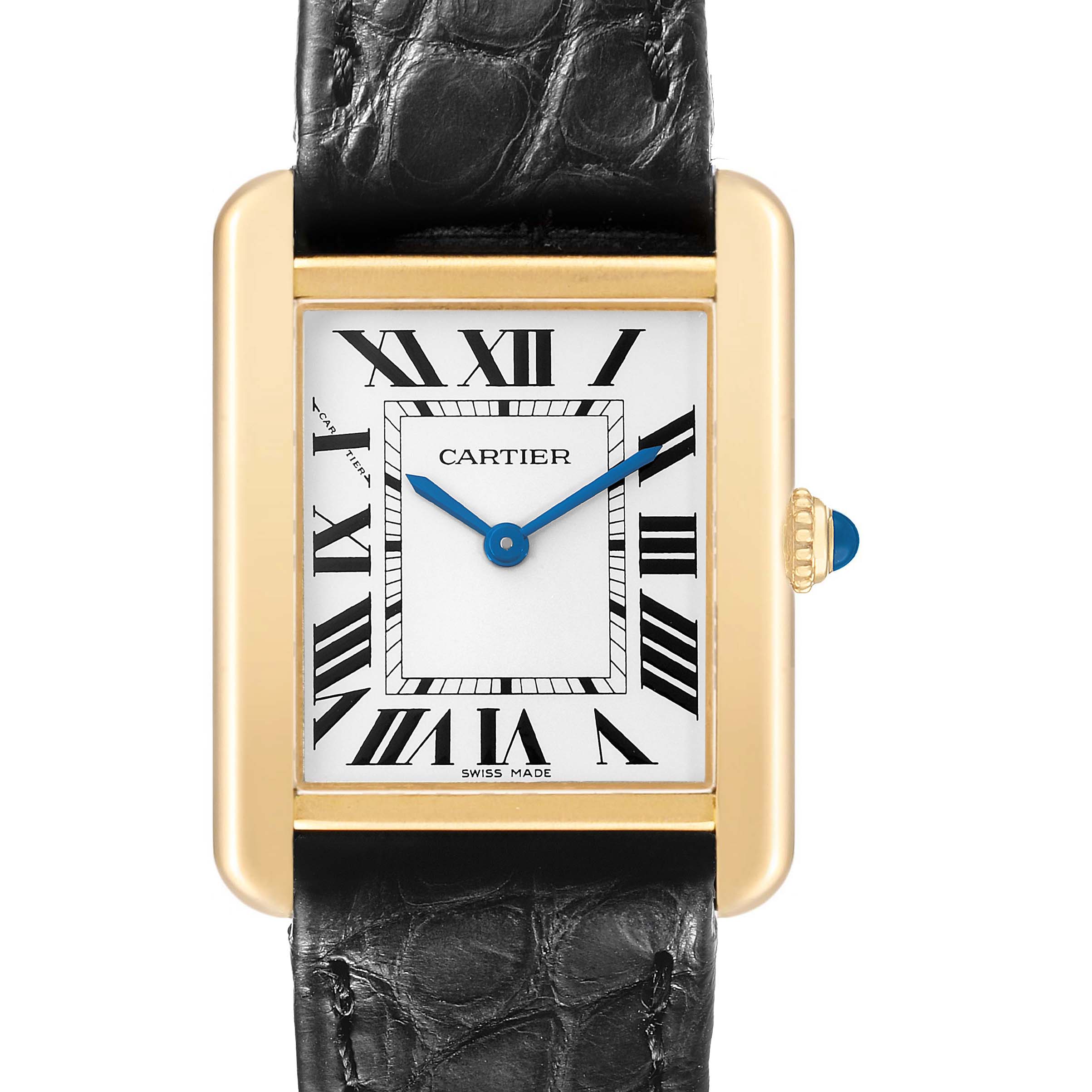 The Cartier Tank Solo W5200024 Women's Steel and Gold (two tone) Silver Dial watch is shown from a frontal angle, highlighting its rectangular face, Roman numerals, and a black leather strap.